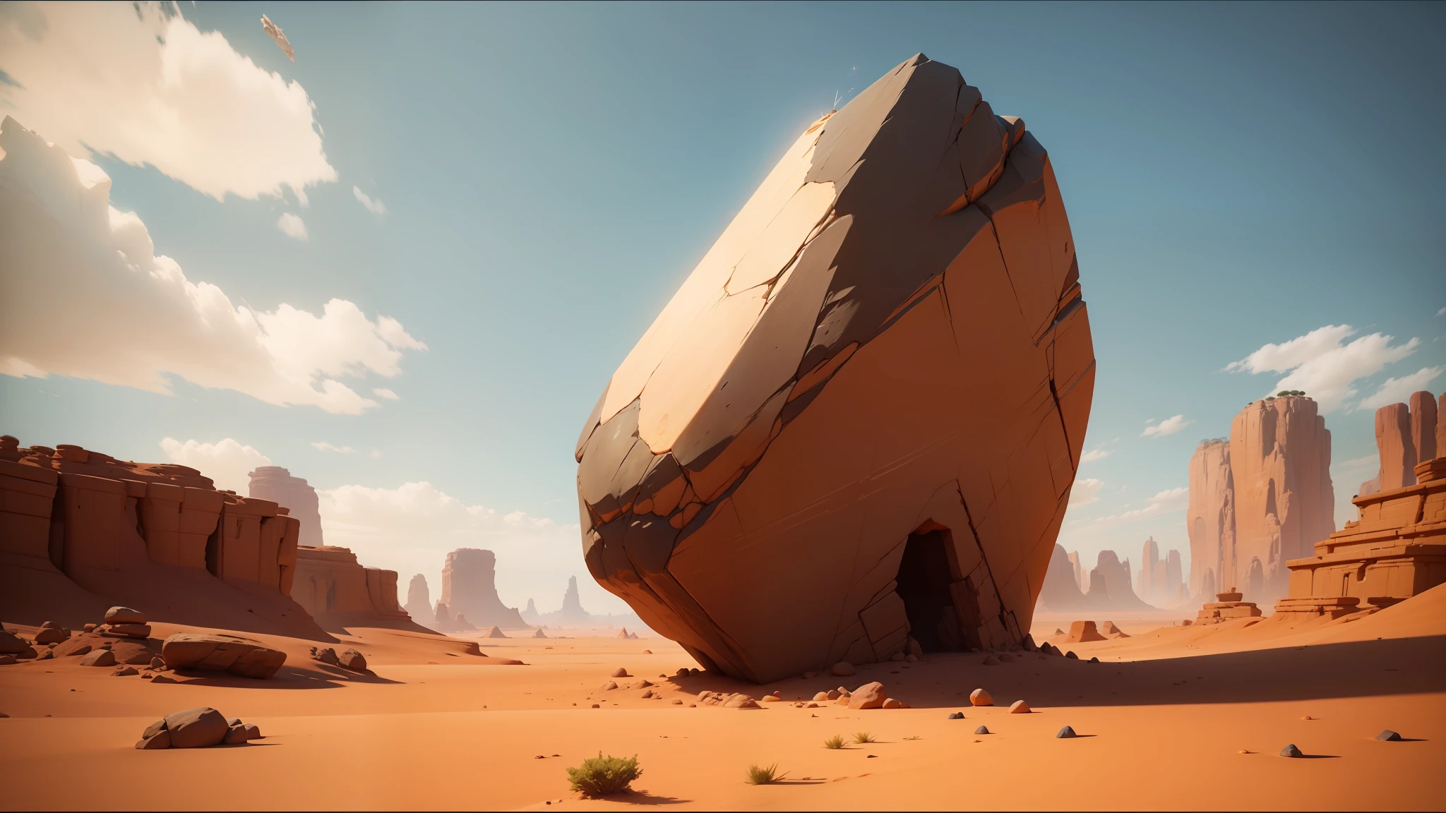 there is a large rock in the middle of a desert, unreal engine 5 demo, inspired by Isamu Noguchi, ‘zootopia’, prince of egypt, 2019, gameplay screenshot, in game screenshot, ozymandias, madagascar, the artist has used bright, iran