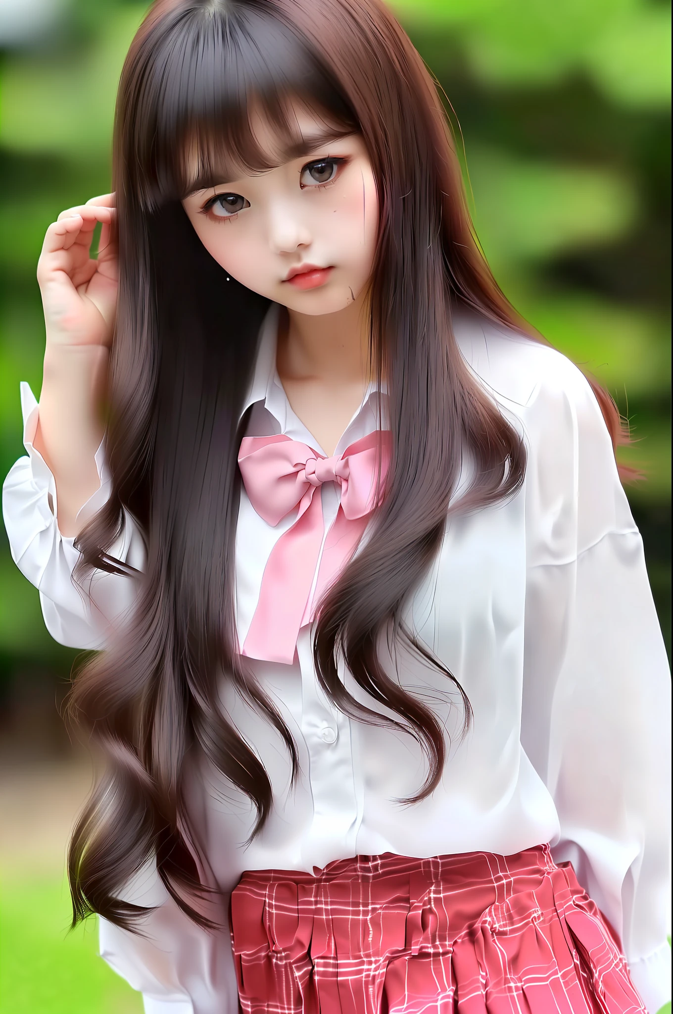 masterpiece, top quality, characteristics of the whole body (saukztf: 1.3), brown long hair, bangs, big eyes, parted lips, black eyes, uniform, white blouse, rain, soaked, pink underwear, dripping droplets, small, plaid skirt, 17 years old,