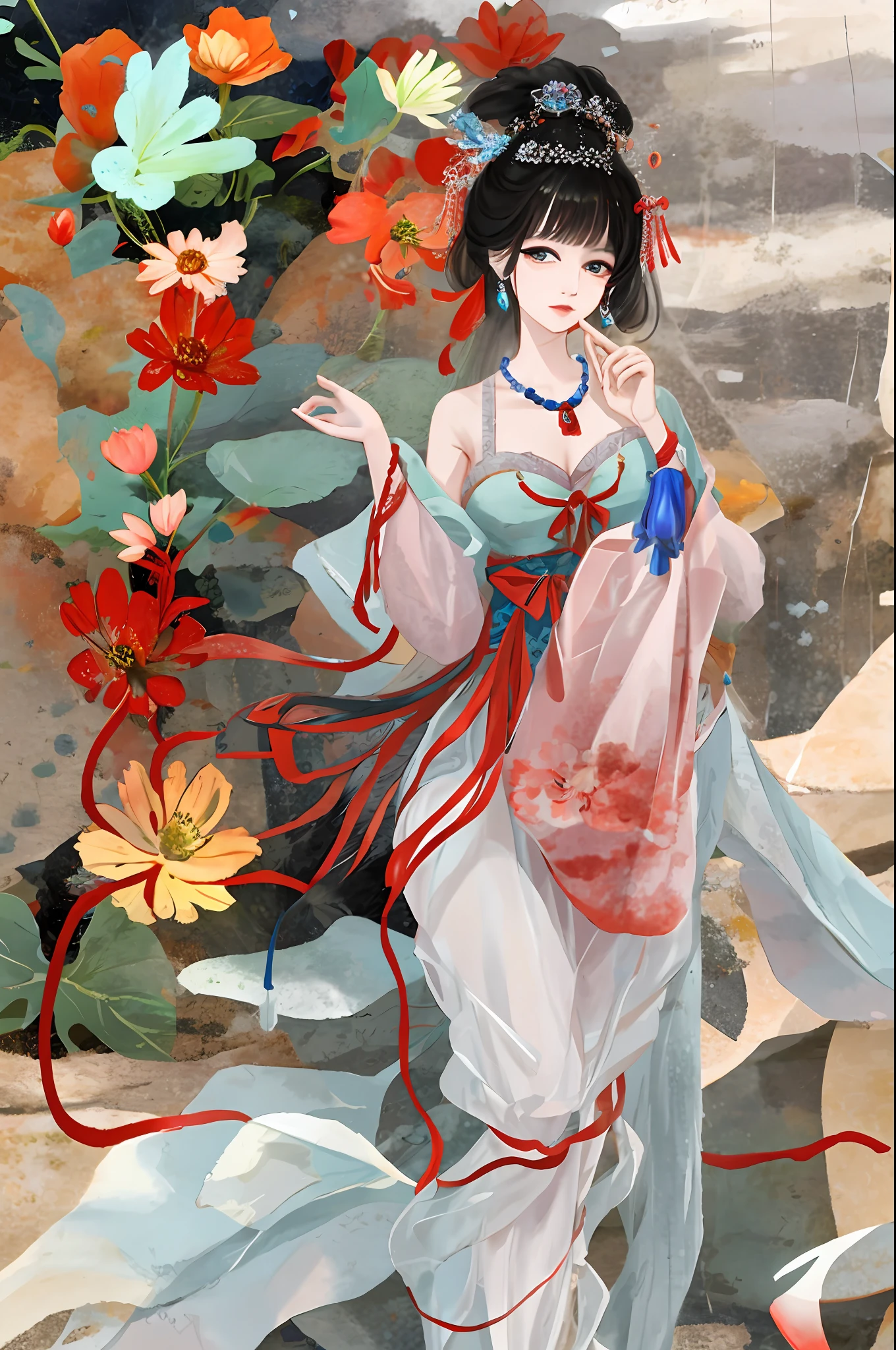 An ancient Chinese beauty sitting on a stone, wearing ancient Chinese clothing, flowing tulle, light silk, lazy posture, large lotus leaf, lotus, ink painting style, clean color, decisive cutting, blank, freehand, masterpiece, super detailed, epic composition, high quality, the highest quality, 4k --v 6