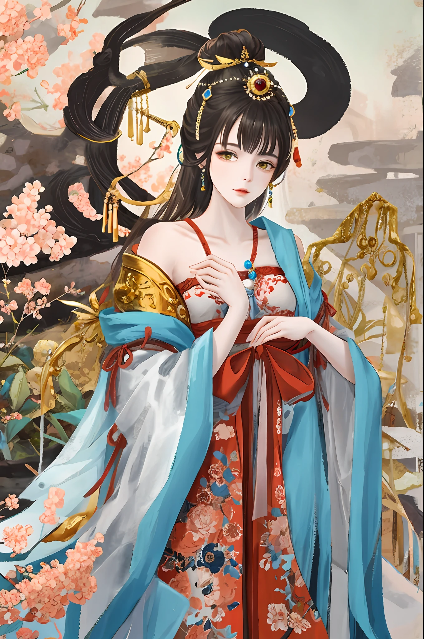 An ancient Chinese beauty sitting on a stone, wearing ancient Chinese clothing, flowing tulle, light silk, lazy posture, large lotus leaf, lotus, ink painting style, clean color, decisive cutting, blank, freehand, masterpiece, super detailed, epic composition, high quality, the highest quality, 4k --v 6