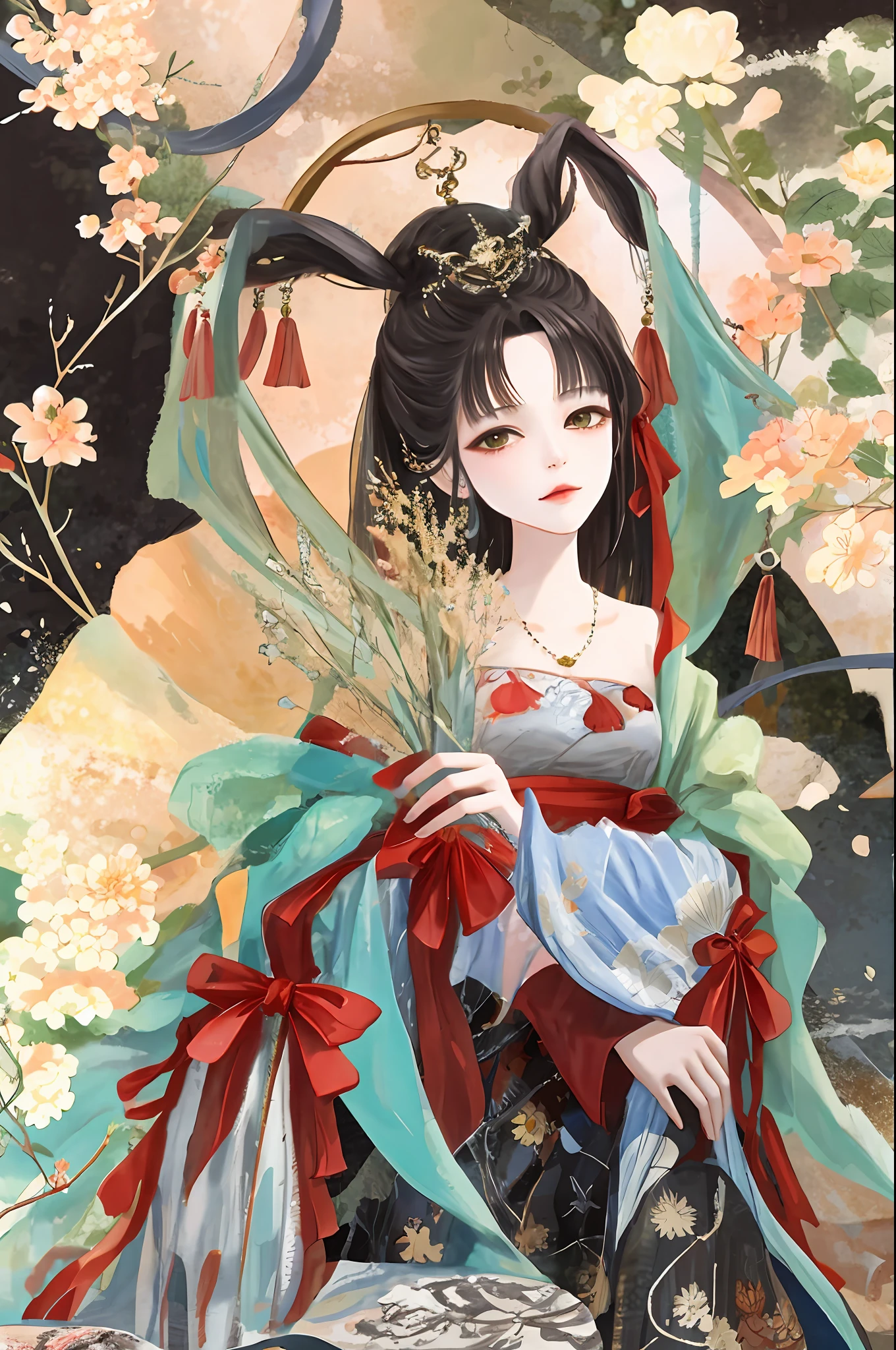 An ancient Chinese beauty sitting on a stone, wearing ancient Chinese clothing, flowing tulle, light silk, lazy posture, large lotus leaf, lotus, ink painting style, clean color, decisive cutting, blank, freehand, masterpiece, super detailed, epic composition, high quality, the highest quality, 4k --v 6