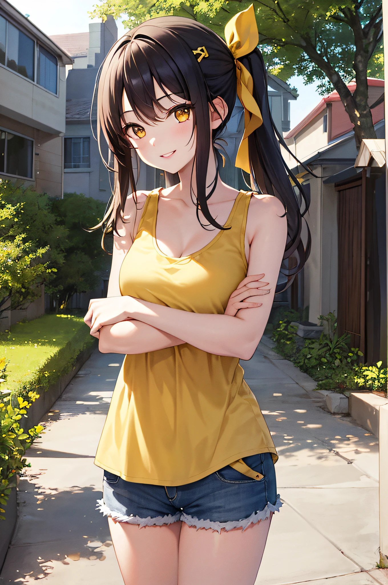 masterpiece, Best quality, 1girl, Middle Hair, Middle Breasts,Shorts, Tank Top, Yellow Eyes, Ribbon, Hair clip, Parted Lips, Smile,Park,Cross Your Arms Behind Your Arms