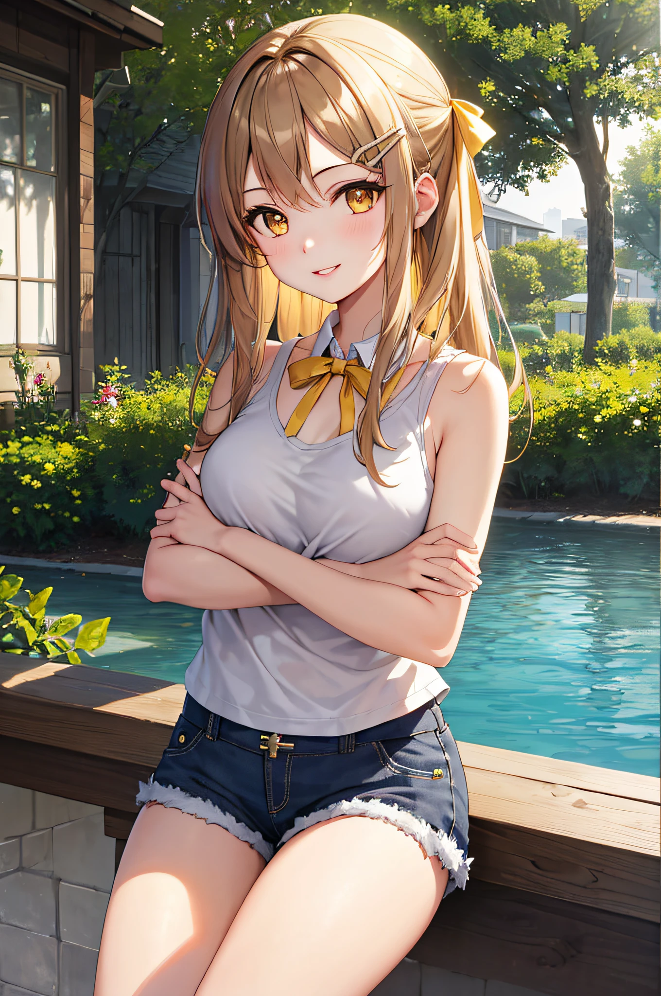 masterpiece, Best quality, 1girl, Middle Hair, Middle Breasts,Shorts, Tank Top, Yellow Eyes, Ribbon, Hair clip, Parted Lips, Smile,Park,Cross Your Arms Behind Your Arms