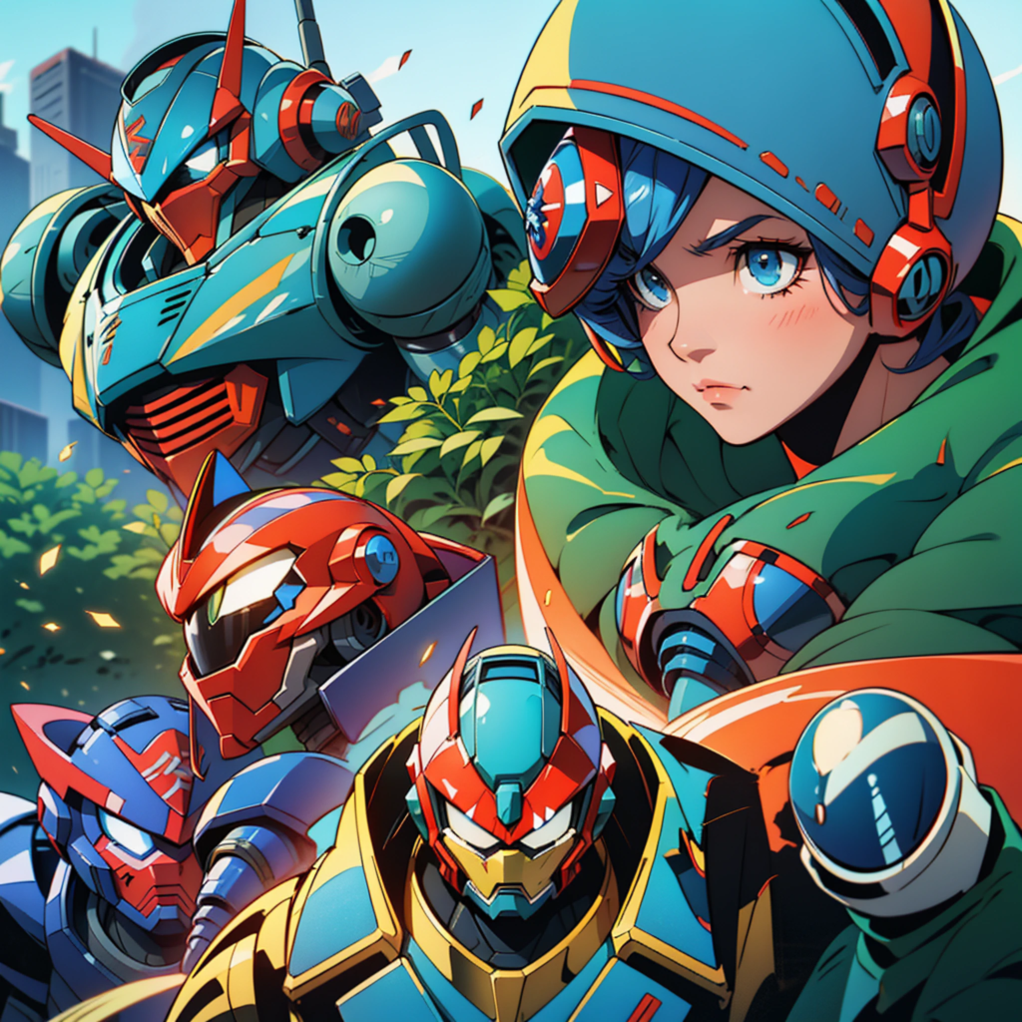 a close up of a robot with a helmet on and a red and blue helmet, megaman, mega man, robot metallic armor, scarab reploid, cyber fight armor, mecha suit, beautiful robot character design, tremendous mecha robot, video game characters designs, anime robotic mixed with organic, shovel knight as daft punk, by Jason Teraoka