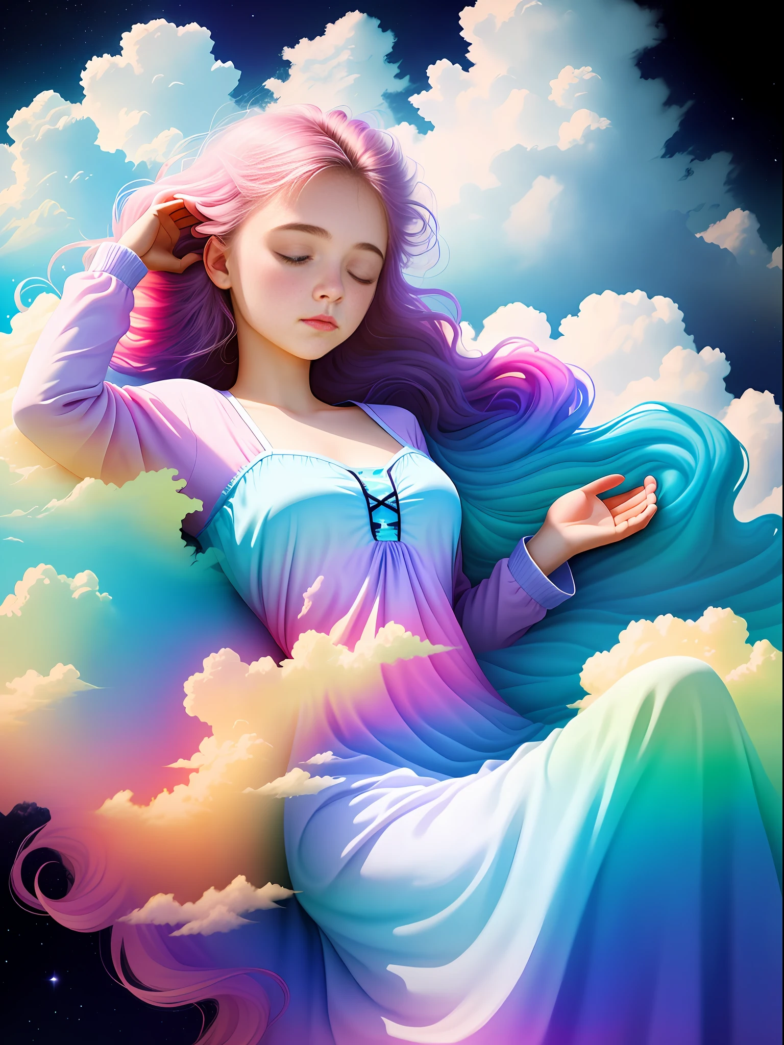 An 18-year-old young girl sleeping sweetly covered with colorful clouds, floating in the ethereal void, extremely quiet, serene, aesthetic, very allegorical pictures, high quality, 8k