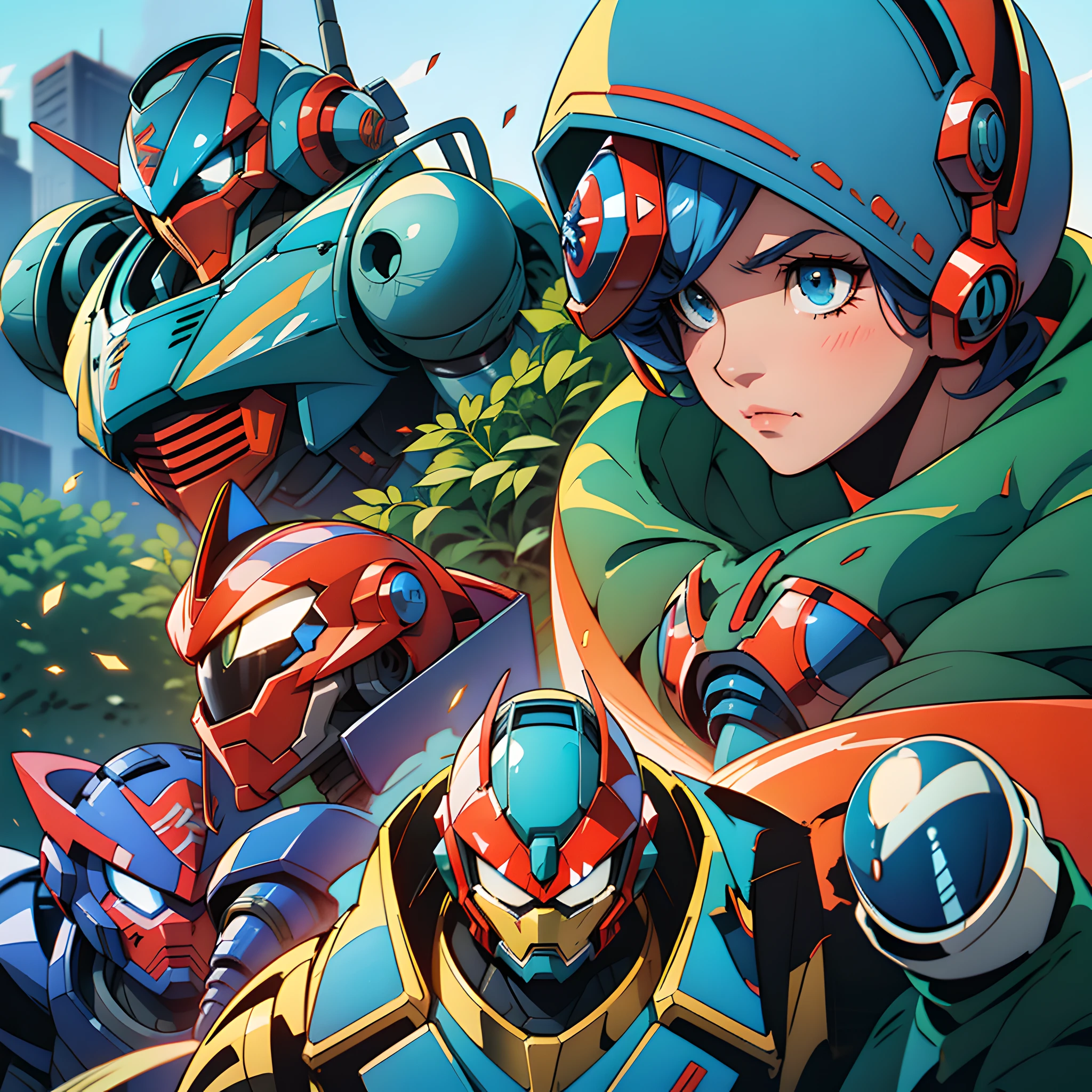a close up of a robot with a helmet on and a red and blue helmet, megaman, mega man, robot metallic armor, scarab reploid, cyber fight armor, mecha suit, beautiful robot character design, tremendous mecha robot, video game characters designs, anime robotic mixed with organic, shovel knight as daft punk, by Jason Teraoka