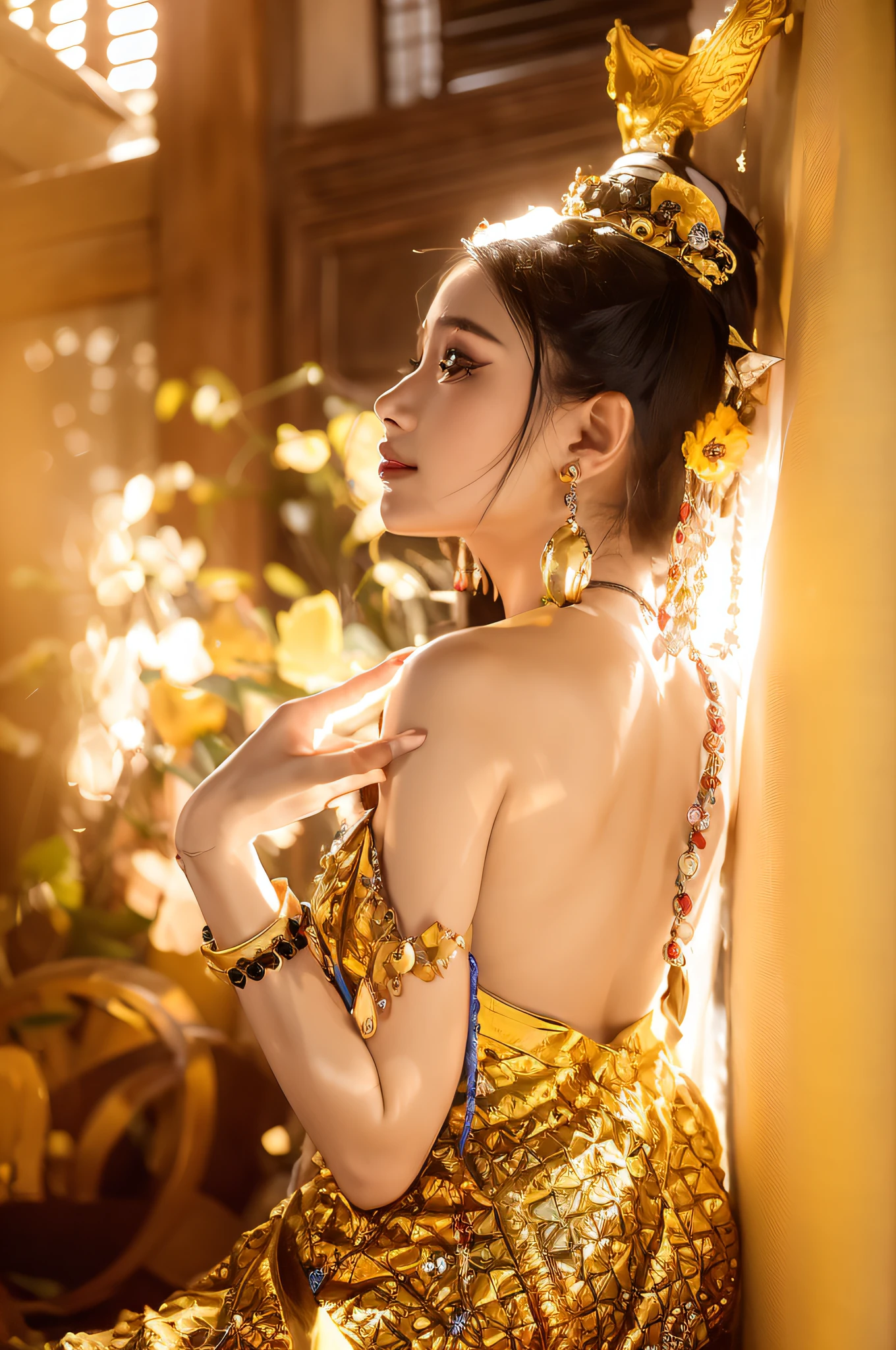 Arad woman leaning against yellow wall in blue dress and gold jewelry, traditional beauty, beautiful fantasy queen, beautiful oriental woman, Sukhothai costume, royal elegant pose, anime Thai girl, beautiful goddess, ((beautiful fantasy queen)), Thai art, gilded lotus princess, in Thawan Duchanee style, aesthetic !!!!!! The female elf's facial features are refined