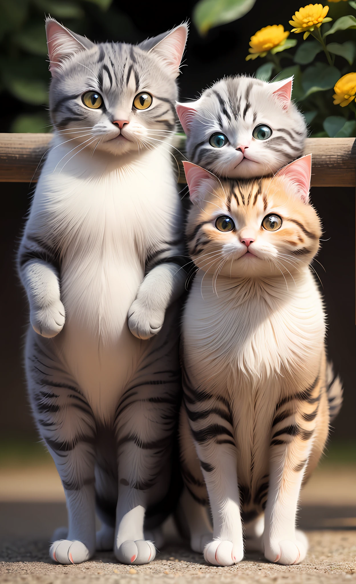 cute cat, outdoor, cat, furry style, felt style, very obvious felt texture, soft round shape, blender simulation felt style, C4D simulation felt style, bird and flower wool, tee pose, upright bipedal