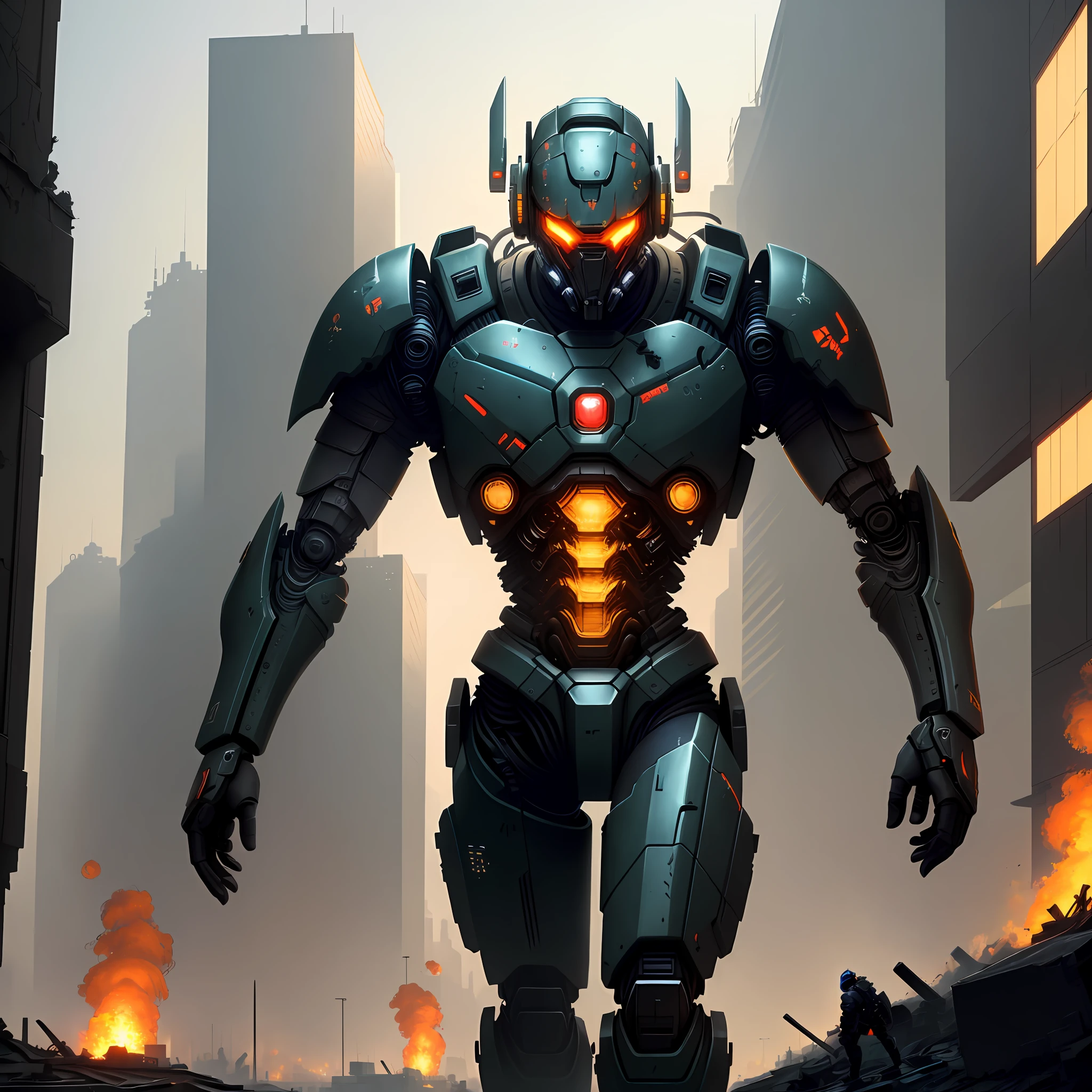 (Best Quality)), ((Masterpiece)), (Very detailed: 1.3), A warrior in an exoskeleton mech is patrolling a sprawling cyberpunk ruined city, all around the city, sparks, smoke