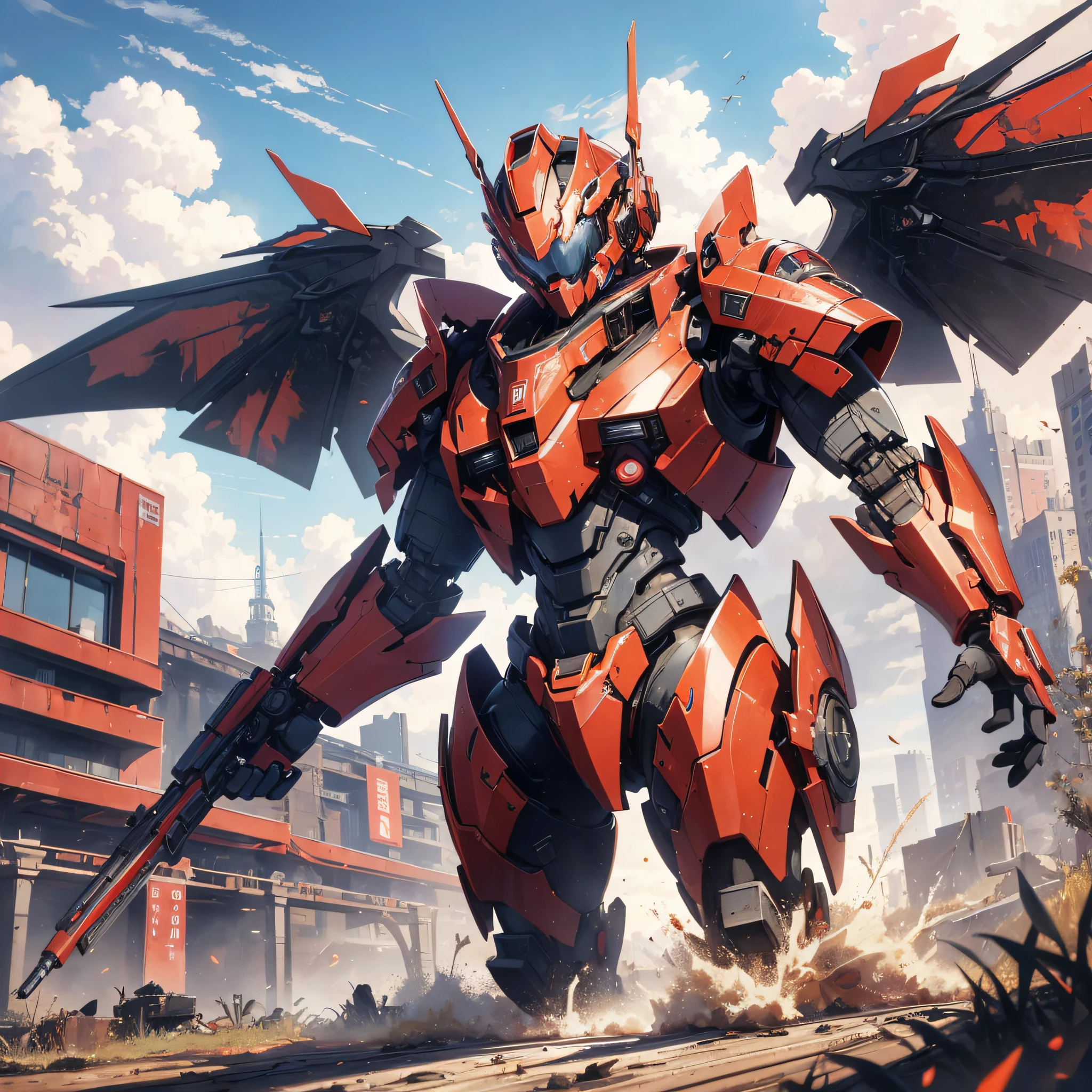 Absurd resolution, high resolution, (masterpiece: 1.4), hyper-detail, a mech, red armor with red wings, floating flight in the sky (1.8) background is wild, fire