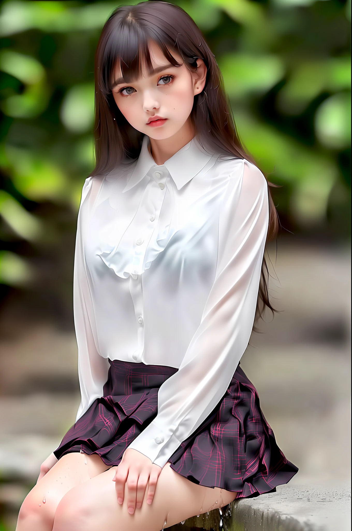 masterpiece, top quality, characteristics of the whole body (saukztf: 1.3), long brown hair, bangs, big eyes, parted lips, black eyes, uniform, white blouse, rain, soaked, blouse on bare skin, sheer, dripping water droplets, small, pleated skirt with a plaid pattern, sitting with legs open, 17 years old,