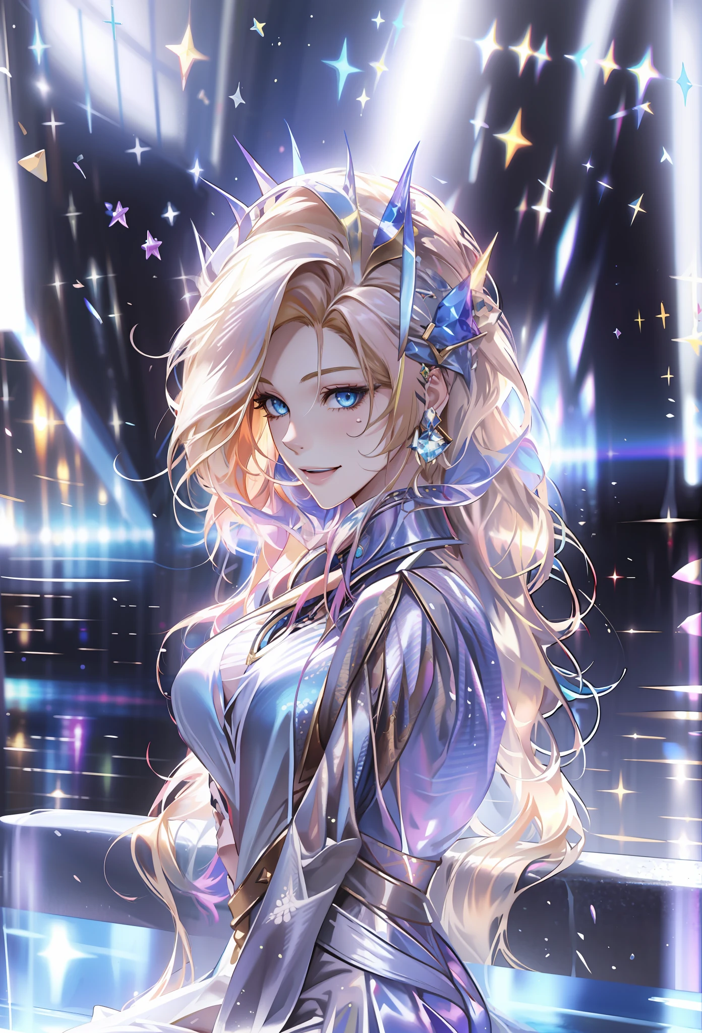 masterpiece, best quality, highres, ahri1, 1girl, solo, blonde hair, k/da \(league of legends\), long hair, multicolored hair, open hair, blue eyes, two-tone hair, large breasts, poolside, micro bikini, smile, sitting,