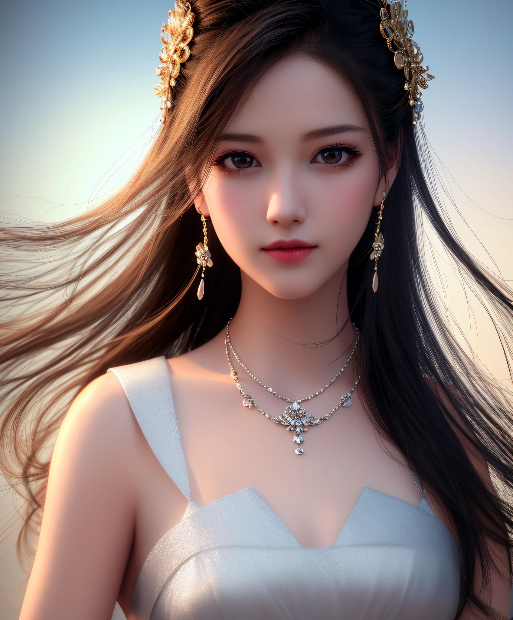 Best quality, masterpiece, high resolution, 1girl, porcelain dress, hair accessories, necklace, jewelry, beautiful face, on the body, Tyndall effect, realistic, dark studio, edge lighting, two-tone lighting, (high detail skin: 1.2), 8k UHD, dslr, soft light, high quality, volumetric light, candid, photo, high resolution, 4k, 8k, background blur,