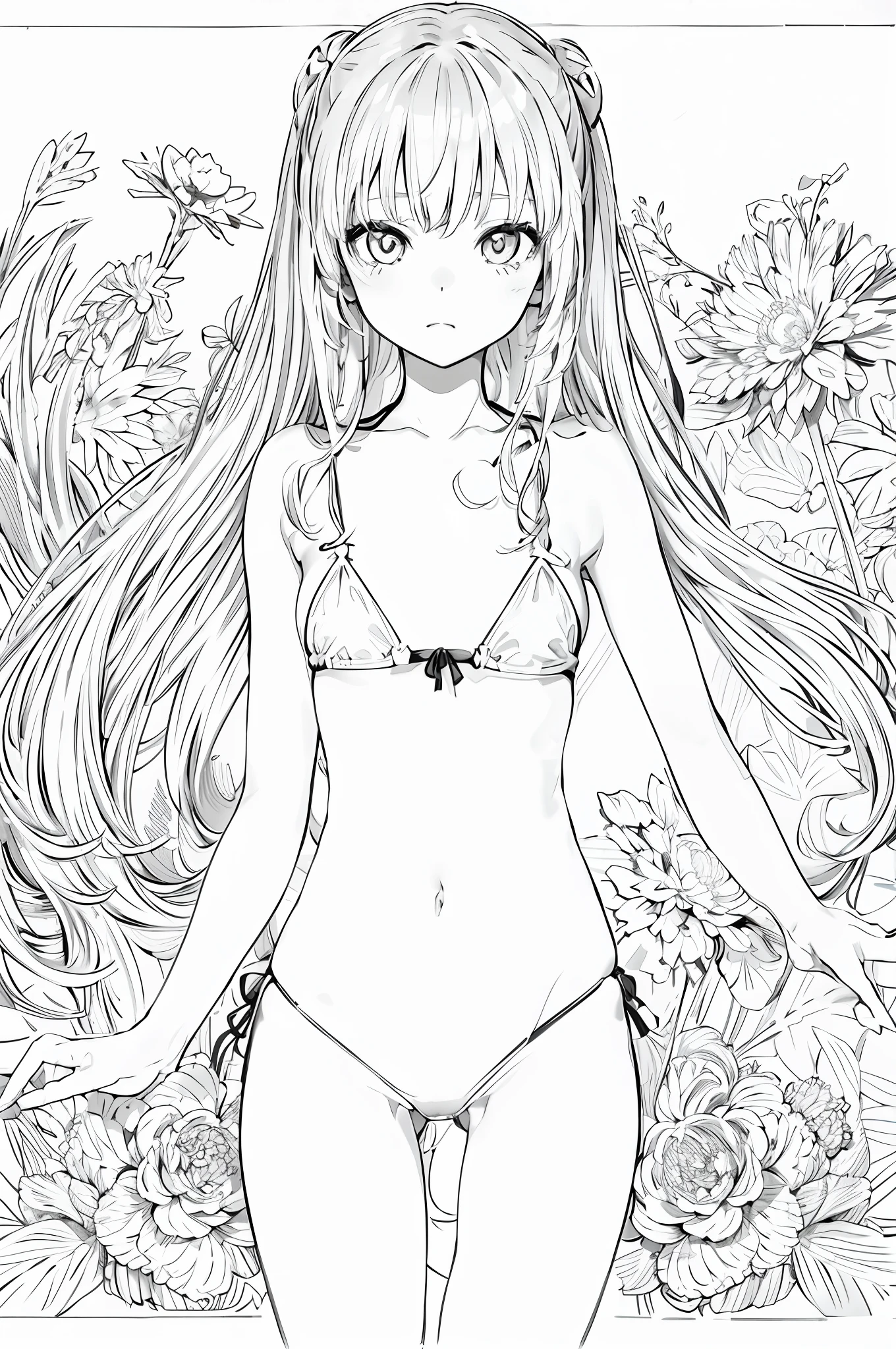 a girl in a bikini with long hair and flowers, line art!!, beautiful line art, clean anime outlines, perfect lineart, extremely fine ink lineart, thick black lineart, thick lineart, clean lineart, bold lineart, anime girl with long hair, lineart, lineart behance hd, outline art, intense line art