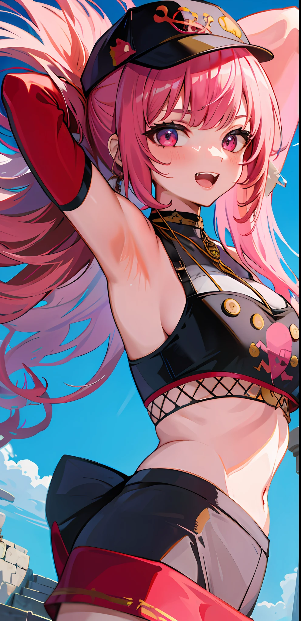 masterpiece, high quality, highres, absurdres, ultra-detailed, detailed eyes, 8k, ti-emb_kobo-kanaeru, 1girl, colorful eyes, fangs, open mouth, bangs, colorful background, looking at viewer, vibrant, contrast, red hair, red hair, gradient hair, happy, graffiti wall background, water splash, close up, callirapper, upper body, smile, blush, outdoors, day, simple background, blue sky, sky, temple, looking at viewer, stairs, mountain, moody lighting, facing viewer,, huge breast, bikini