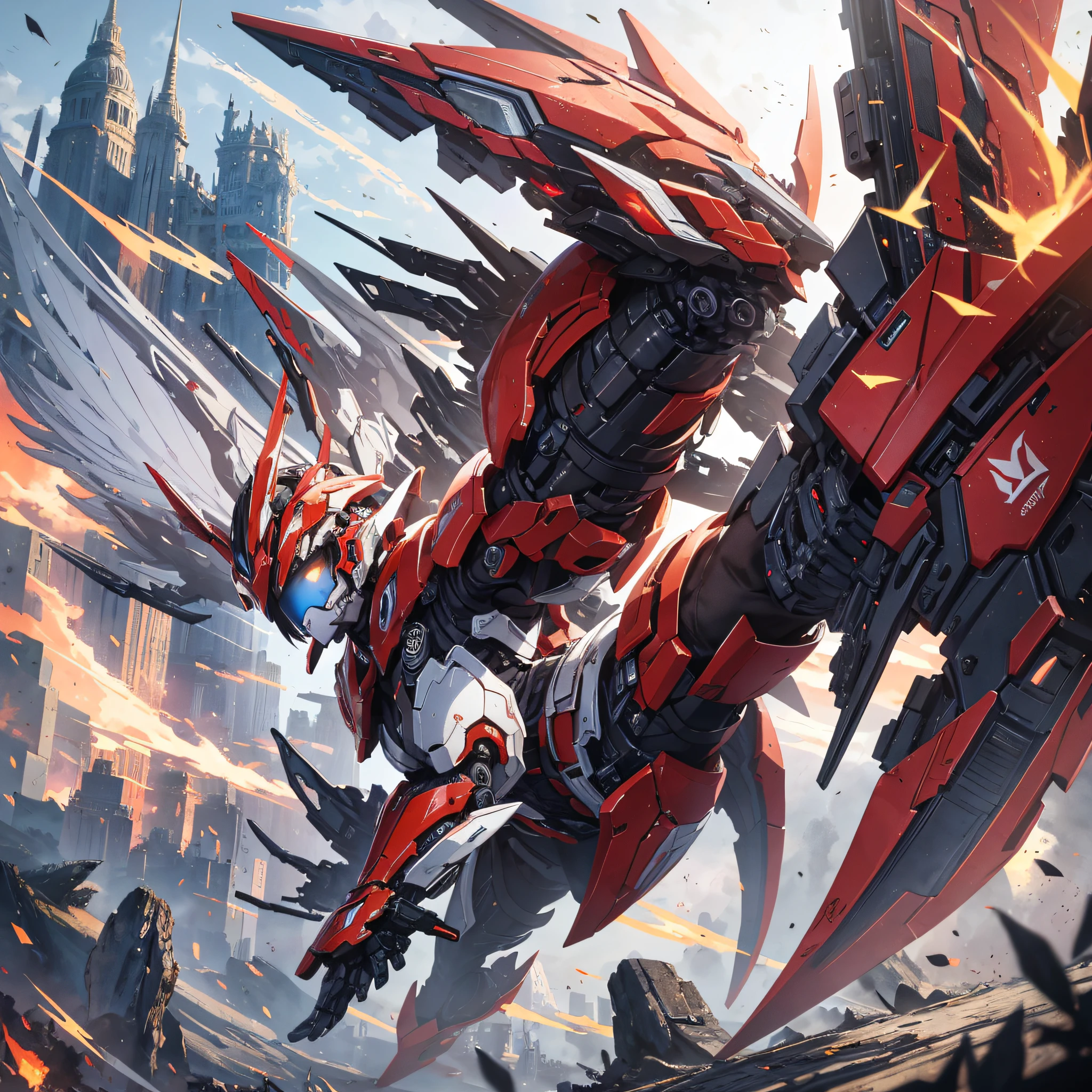 Absurd resolution, high resolution, (masterpiece: 1.4), hyper-detail, a mech, red armor with red wings, floating flight in the sky (1.8) background is wild, fire