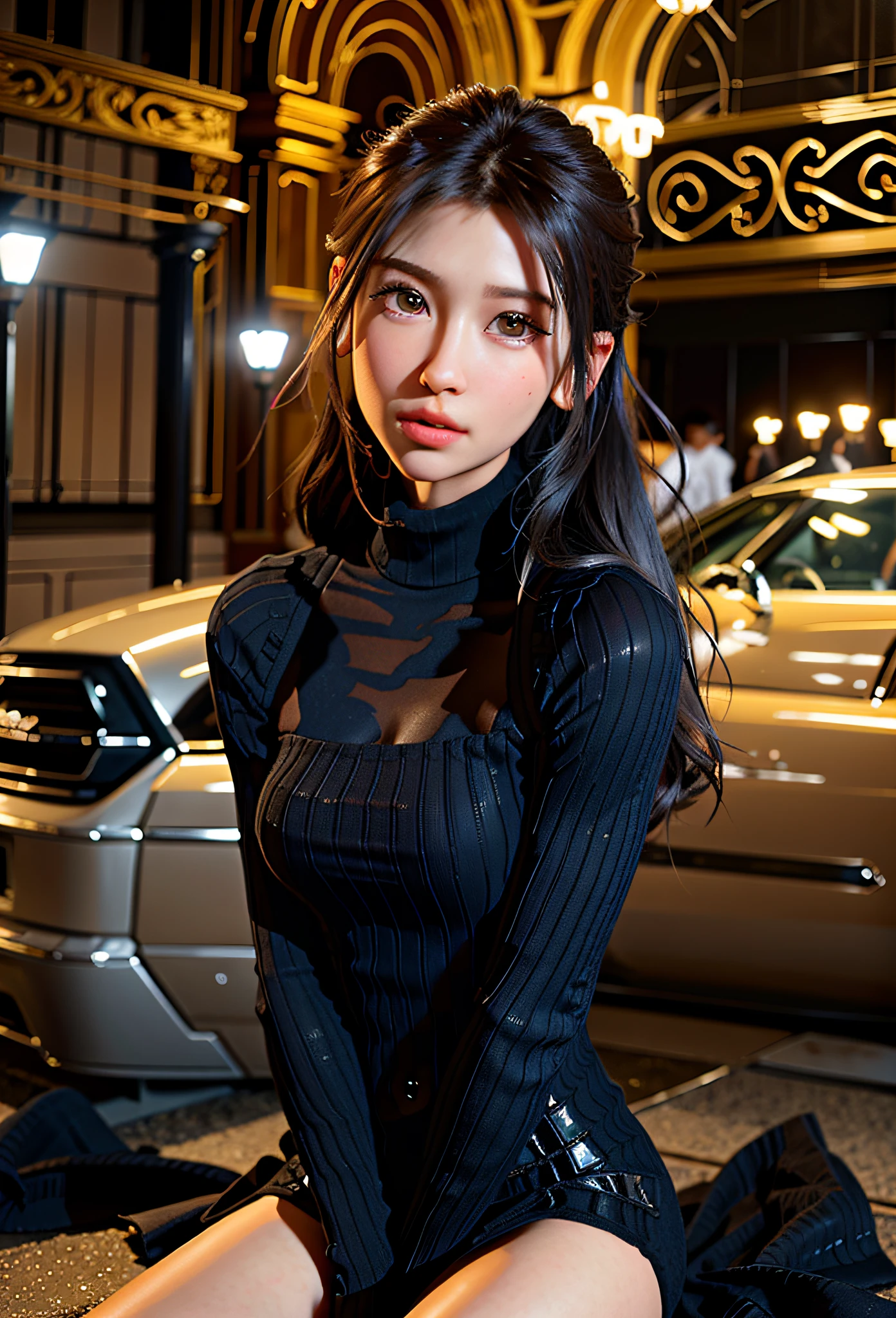 +masterpiece,best quality,official art,extremely detailed cg unity 8k wallpaper, (((turtleneck))), Volumetric Lighting,dynamic angle, scratches, extremely delicate and beautiful, (1girl), ((beautiful detailed face)), (((sitting on the roof of the building on the side))), long black hair, (highly detailed), more clear, slightly drunk makeup, blush, tender lips, long eyelashes, bright big eyes, movie lighting, master works, high detail, 8k resolution, colorful picture, light and shadow details, extremely delicate beautiful girl, tender and fair skin, exquisite facial features, perfect face, round chest, black turtleneck evening dress, perfect figure, stunning beauty, extreme Details, realistic details, (night view of street lights in the distance),