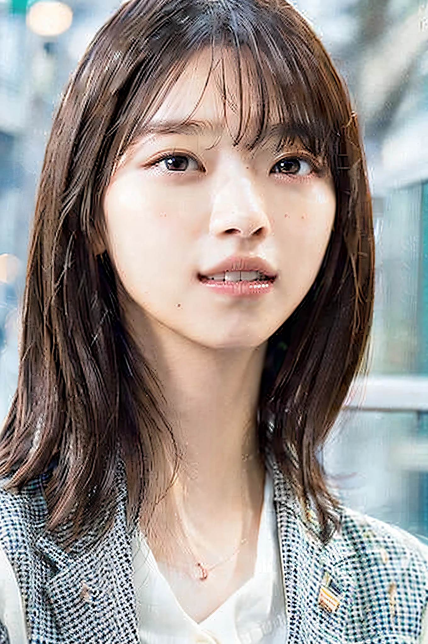 ((Top Quality, 8k, Masterpiece: 1.3)), Crisp Focus: 1.2, Beautiful Women with Perfect Figure: 1.4, Slender Abs: 1.2, ((Layer Cut, Small: 1.2)), (Blazer Button Up Shirt Over Very Thin White: 1.1), Street: 1.2, Highly Detailed Face and Skin Texture, Detailed Eyes, Double Eyelids