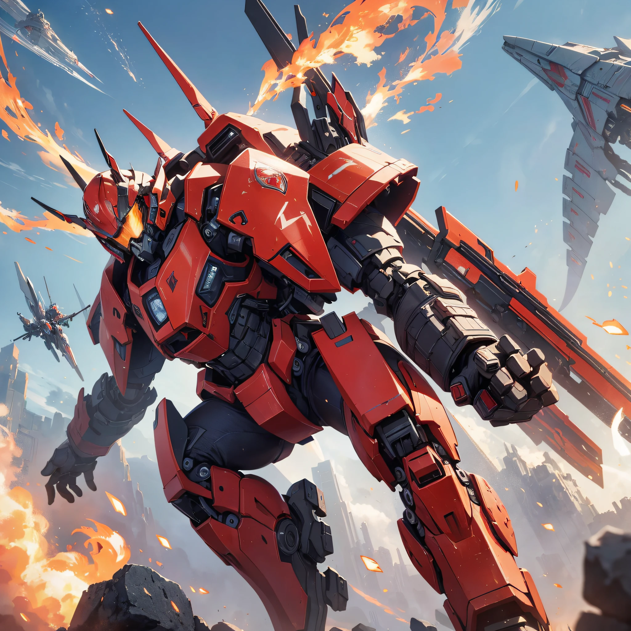 Absurd resolution, high resolution, (masterpiece: 1.4), hyper-detail, a mech, red armor with red wings, floating flight in the sky (1.8) background is wild, fire