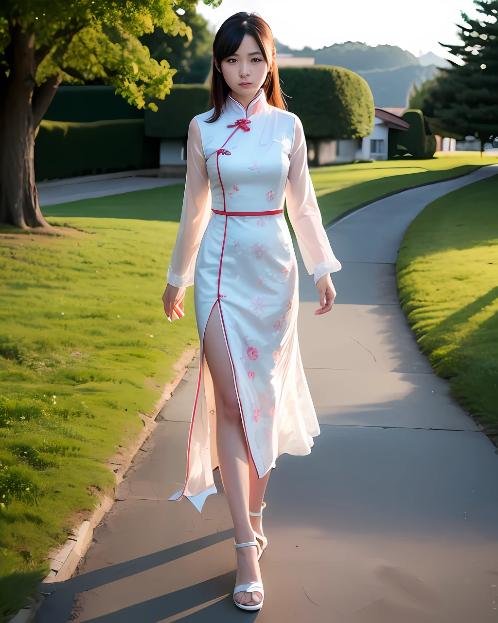 (Very detailed CG unified 8k wallpaper), (masterpiece), (best quality), (realistic) A Chinese 17 year old girl in a Chinese cheongsam walking in the evening as the sun is about to set sparks shining on his waist-length hair