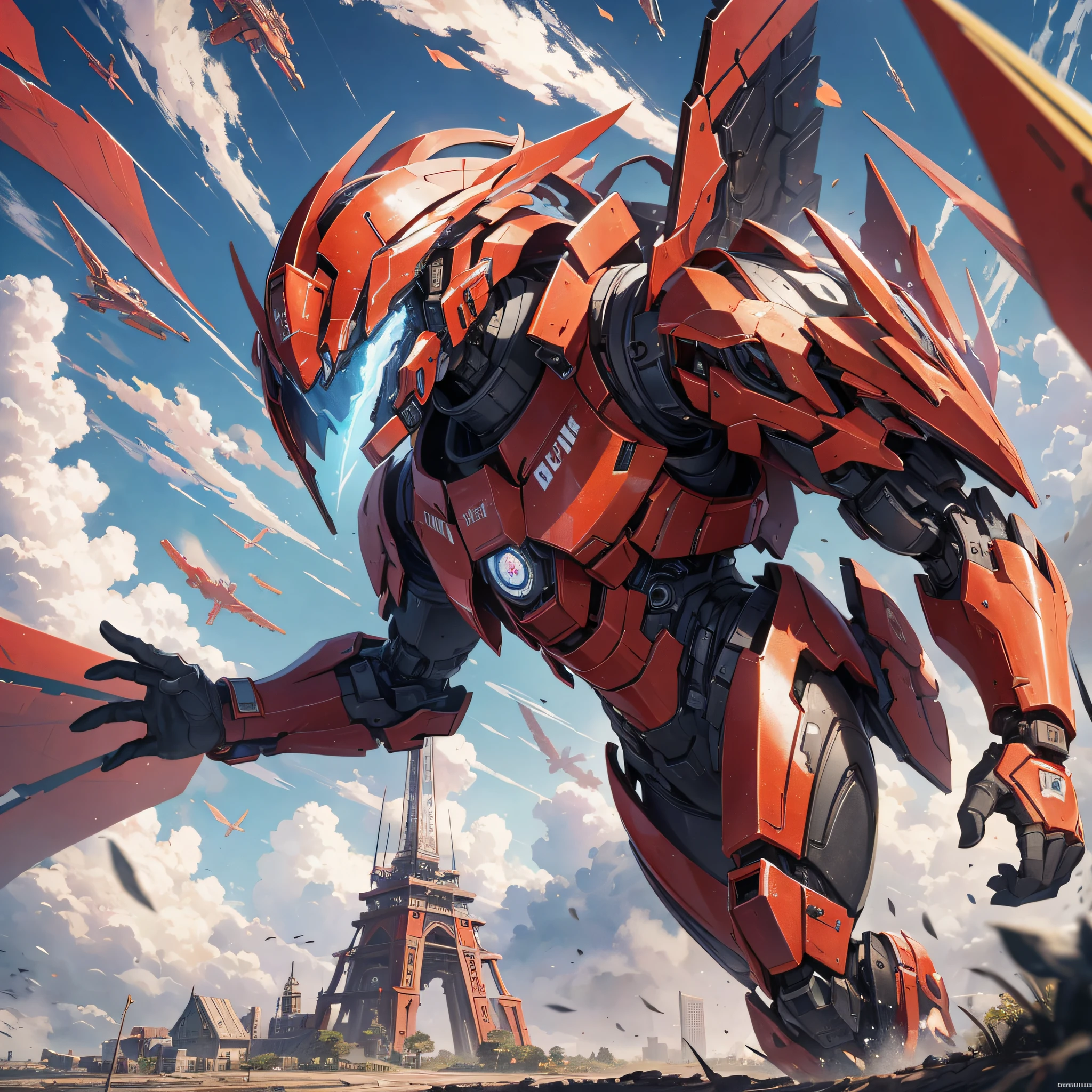 Absurd resolution, high resolution, (masterpiece: 1.4), hyper-detail, a mech, red armor with red wings, floating flight in the sky (1.8) background is wild, fire