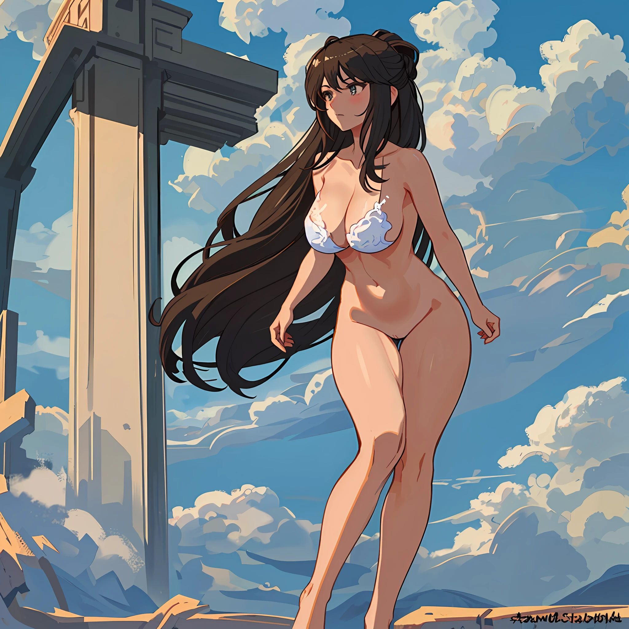 I'm a girl standing extremely beautiful sexy body big chest big chest big waist looking at camera full body and she's naked but clouds are covering her chest and hers giving a sexy touch do as much detail as possible make her face flushed with shame