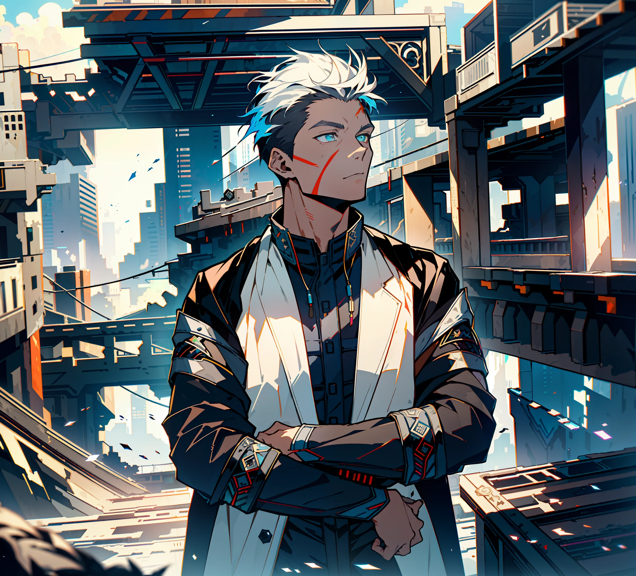 Cyberpunk male, fantasy world, dark background, clean design, epic instagram, artstation, colorful paint splatter, silhouette, hyper detailed intricate details, unreal engine, fantasy, intricate details, splash screen, complementary colors, Fantasy concept art, 8k resolution, deviantart masterpiece, oil painting, heavy strokes, paint dripping, (isolated on white background: 1.3), rainbow skin, (((handsome young man))), ((teenage:1.5) ), (glowing blue eyes), ((light eyes)), ((((short white hair: 1.1))), ((black clothes)), (prince\\(indifferent expression\\),, ( ((Wears high detail luxurious black robe))), white hair, frost magic, ((chest) --v 6