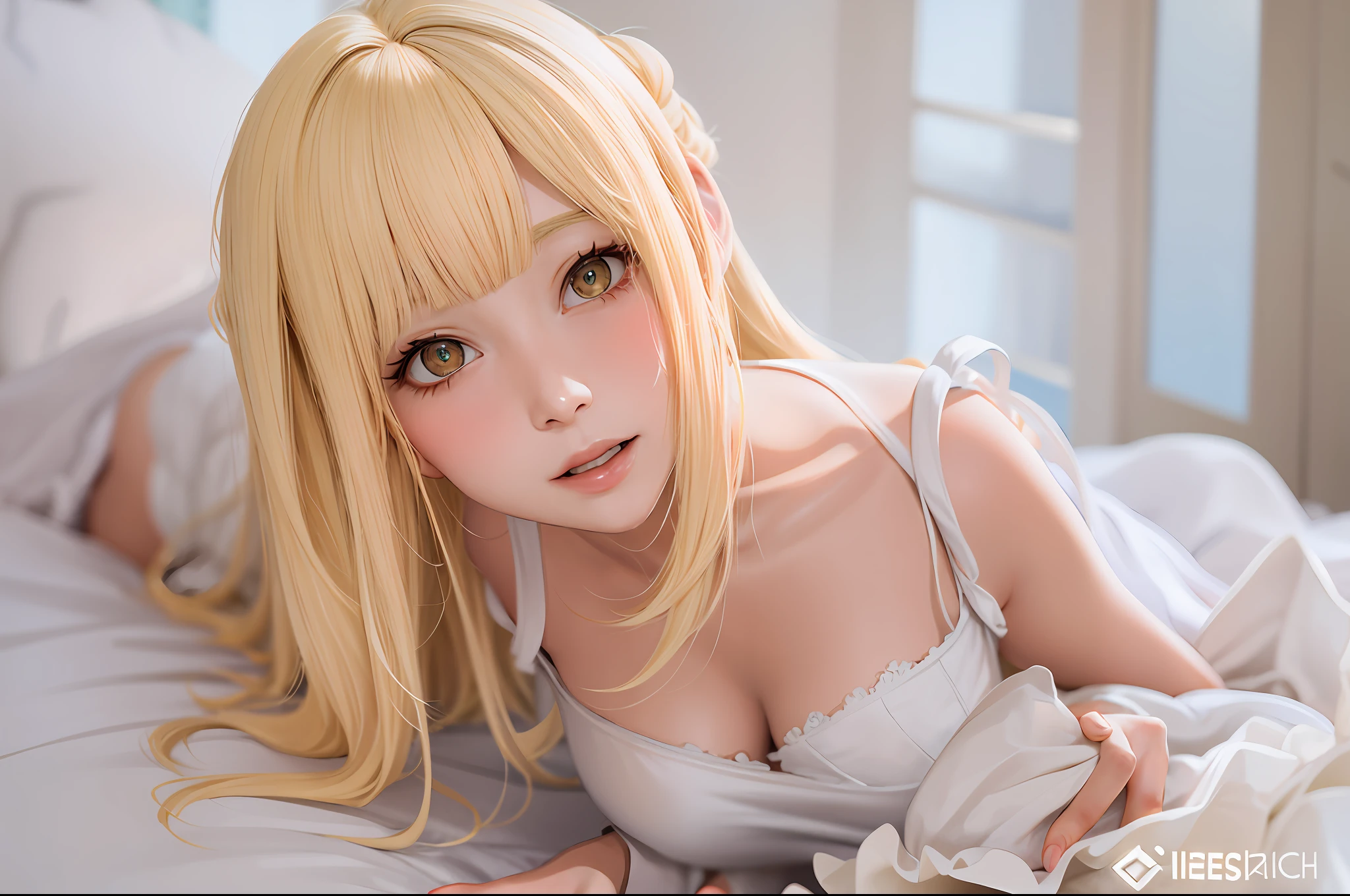anime, anime style, best quality, ccurate, textured skin, blonde woman in white dress lying on bed, anime girl cosplay, mesa man, ayaka cosplay, anime cosplay, misa man, cosplay, real life anime girl, big breasts, yellow hair,