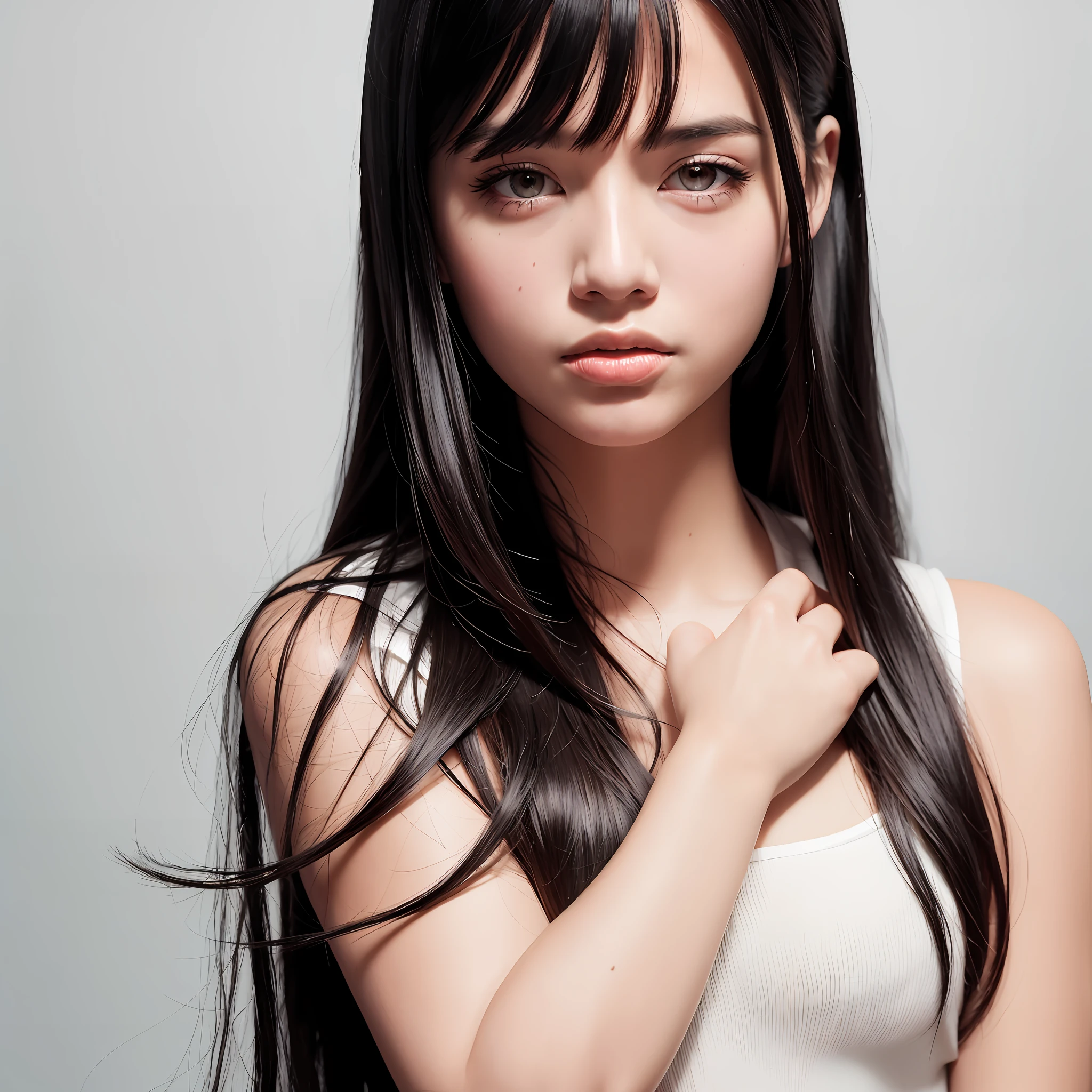 best quality,RAW photo,realistic,(solo),(photorealistic:1.3),1girl,black_hair,looking_at_viewer,simple_background,white_background