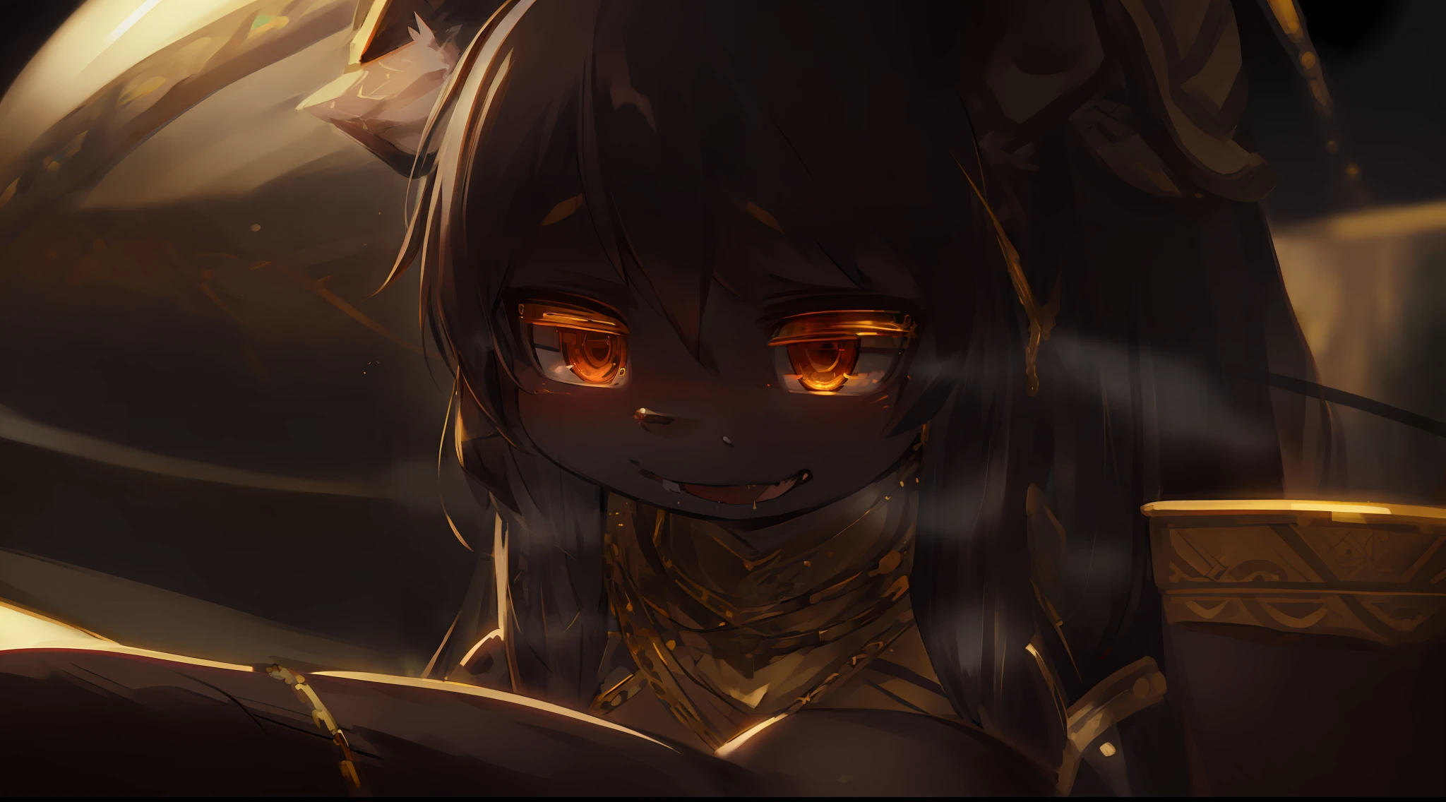 chibi, an enormous lamia adorned in decorative gold chains, her fangs are bared and steaming poison drips from her mouth, she is coiled and ready to strike, chromatic aberration, depth of field, soft lighting, masterpiece, best quality, intricate, tone mapped, highly detailed, artstation, concept art, smooth, sharp focus, dramatic lighting, highly detailed artwork, cinematic, hyper realistic painting, trending on Artstation, 8K, incredible shadows, realistic, (highly detailed background:1.0)
