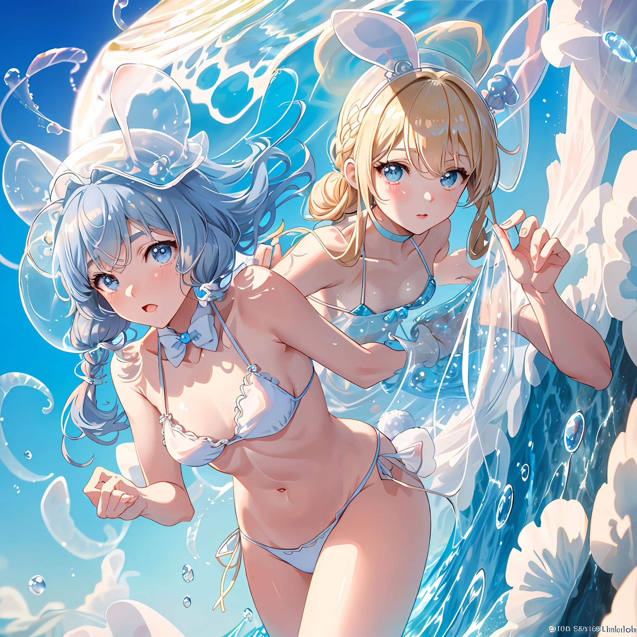 jellyfish hat, jellyfish bikini, bikini and jellyfish fusion, active pose, natural luminescence, pigtails, rabbit ears, small, lower breasts, female brat, thick eyebrows, thin waist, beautiful blonde, braid, (masterpiece), ((highest quality)), (super detailed), girl, (beautiful eyes)), beautiful detailed eyes, clean and detailed face, five fingers, textile shading, perfect anatomy,