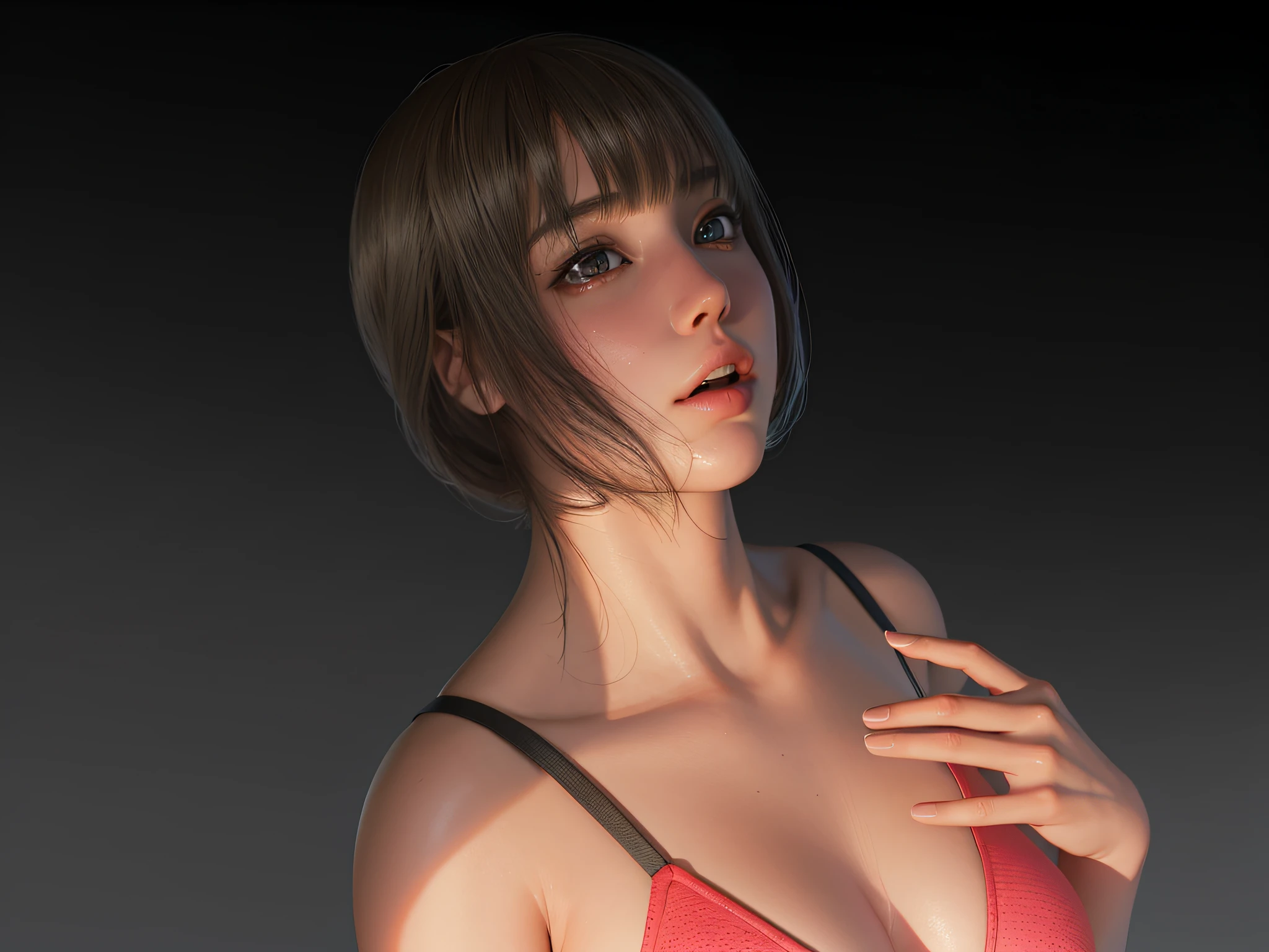 arurinh, (brushing) (brushing), waist up, avades, long straight lift hair, dynamic pose, model photography: photography, HD, high contrast, sharp image, mastery, mouth closed, balanced eyes, CG rendering, small skull, clavicle detail, (highest quality detail: 1.2), realistic kei, 8K ultra-fine, high quality texture, fine texture, fine detail, high detail, very fine CG, high quality shadows, beautiful and delicate eyes, freedom, beauty, small breasts, tall, blurry background, lime color gym clothes,