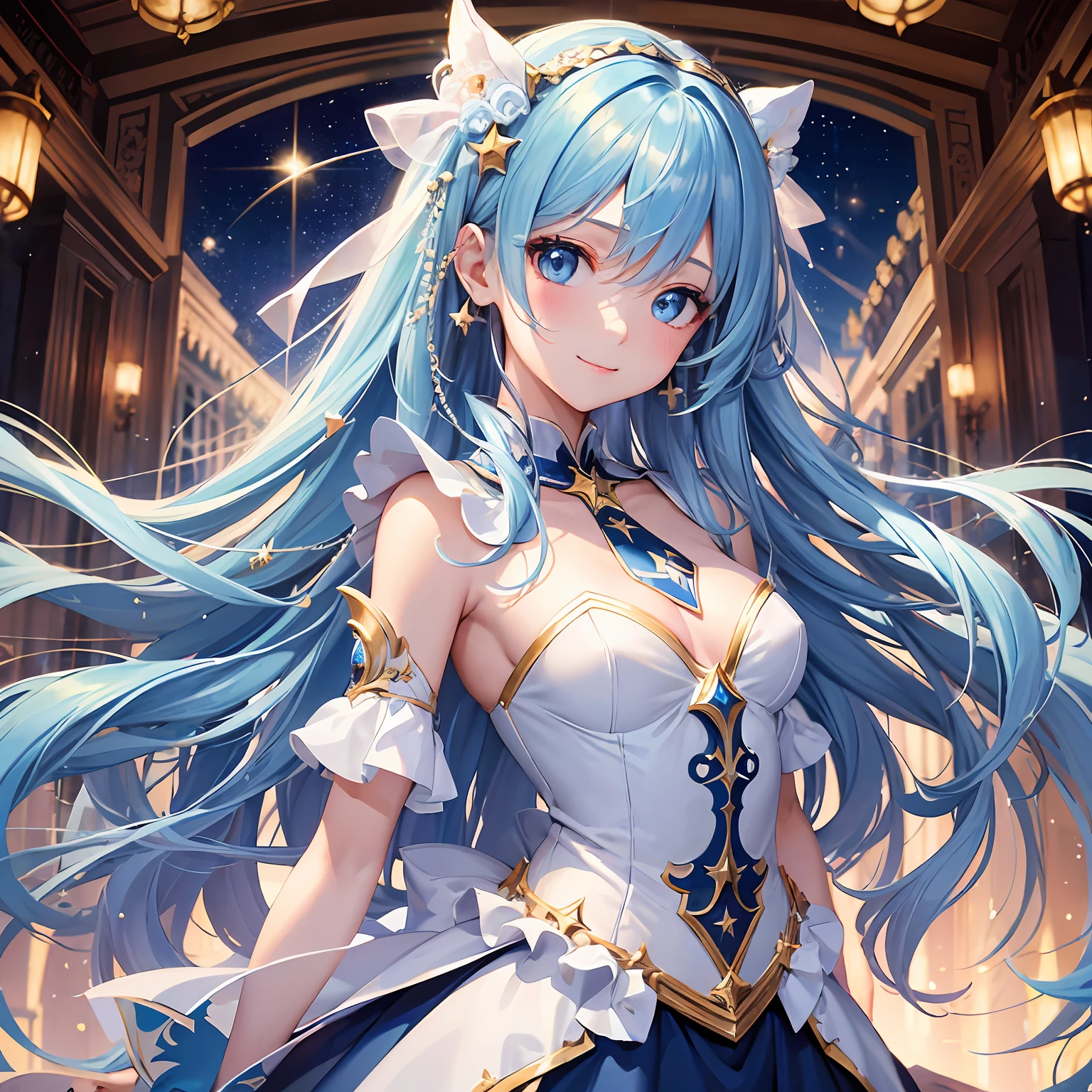 ((Masterpiece)), ((Best Quality)), (Ultra Detailed), ((Lively)), ((Diva)), Best Quality,1 Girl, Blue Eyes, Fair Skin, Detailed Face, Straight Hair, Long Hair, Sky Blue Hair,White Cape,Princess Line,Black String Tie,Bangs Above One Eye, Small,((Skinny)), (Detail)+, (Real)-, Smile, Dynamic Pose, Sky Blue Dress,Sexy and Beautiful, High Detail Eyes, On Stage,Wind, (Colorful Light)++, (Twinkle Star)+, Blush + --auto --s2