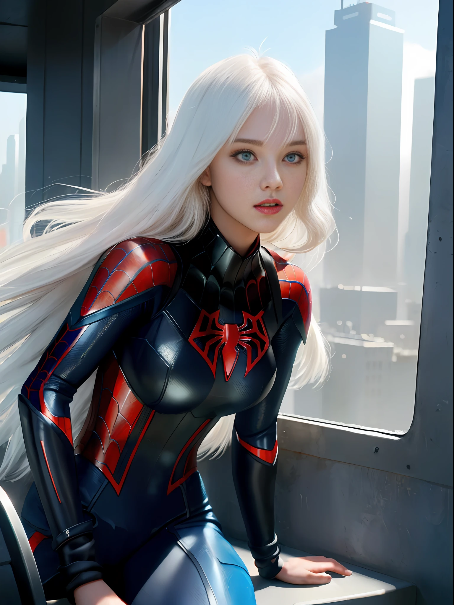 (1girl:1.3), solo, __body-parts__, official art, unified 8k wallpaper, super detailed, beautiful and aesthetic, beautiful, masterpiece, best quality, raw, masterpiece, super fine photo, best quality, super high resolution, photorealistic photorealism, sunlight, full body portrait, long white hair, amazing beauty, sexy, dynamic pose, delicate face, vibrant eyes, (seen from the front), she is wearing a full body black Spider-Man suit, spider, detailed face, Detailed complex busy background, messy, gorgeous, milky white, highly detailed skin, realistic skin details, visible pores, sharp focus, volumetric fog, 8k uhd, DSLR, high quality, film grain, fair skin, photo realism, lomography, huge metropolis in future dystopia, translucent