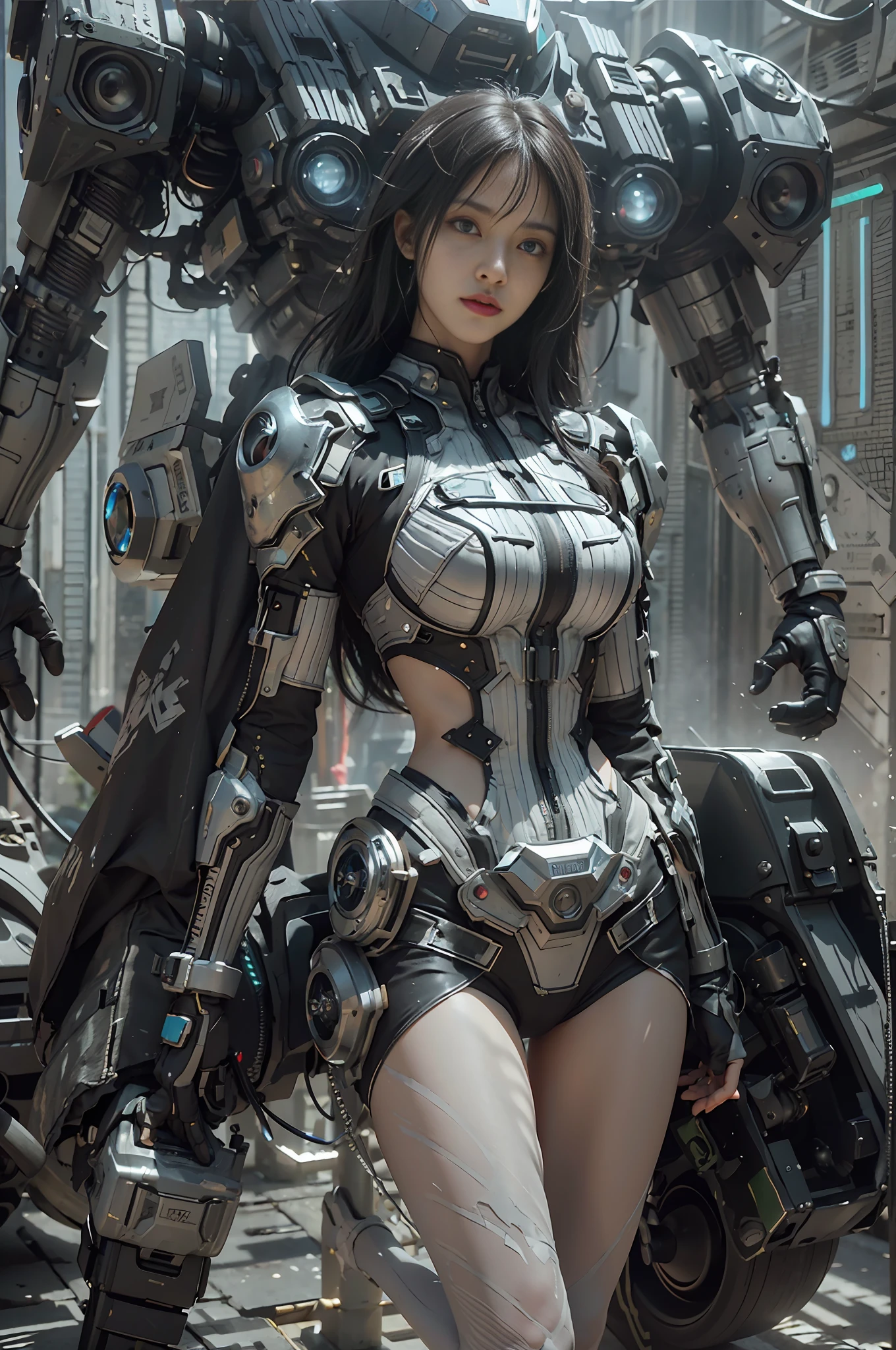((Best quality)), ((masterpiece)), (detailed:1.4), 3D, an image of a cyberpunk black male, HDR (High Dynamic Range),Ray Tracing,NVIDIA RTX,Super-Resolution,Unreal 5,Subsurface scattering,PBR Texturing,Post-processing,Anisotropic Filtering,Depth-of-field,Maximum clarity and sharpness,Multi-layered textures,Albedo and Specular maps,Surface shading,Accurate simulation of light-material interaction,Perfect proportions,Octane Render,Two-tone lighting,Wide aperture,Low ISO,White balance,Rule of thirds,8K RAW, anime - style man in a white and black outfit with a gun, cyborg merchant