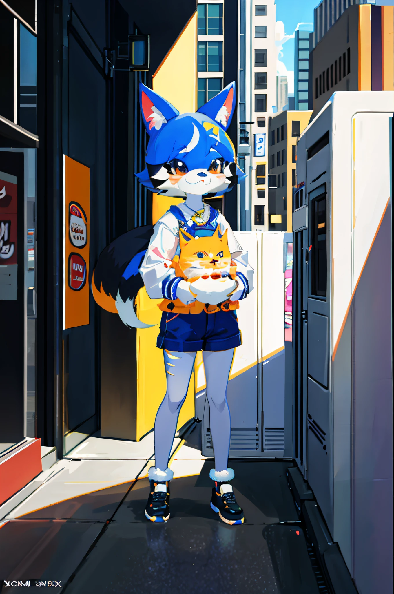 anime character of a cat holding a cat in a city, krystal from star fox, colorful kitsune city, full body portrait of a short!, fursona wearing stylish clothes, video game fanart, foxgirl, fursona commission, by Kamagurka, fully robotic!! catgirl, detailed fanart, convenience store, danbooru and artstation