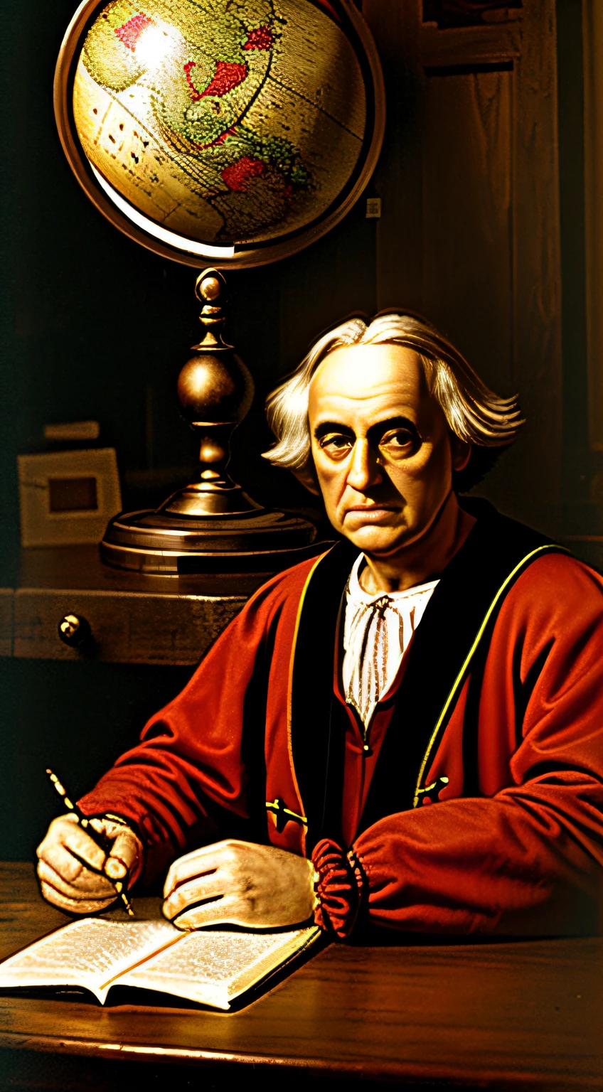 Christopher Columbus in explorer attire, seated at a wooden table, studying a detailed, antique-style globe with focused expression, candlelight casting warm glow, photorealistic style
