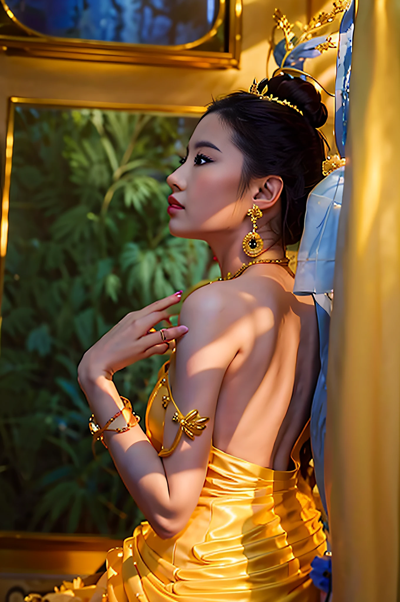 arafed woman in a blue dress and gold jewelry leaning against a yellow wall, traditional beauty, a beautiful fantasy empress, beautiful oriental woman, royal elegant pose, sukhothai costume, anime thai girl, beautiful goddess, ((a beautiful fantasy empress)), thailand art, gilded lotus princess, in style of thawan duchanee, aesthetic!!!!!! female genie