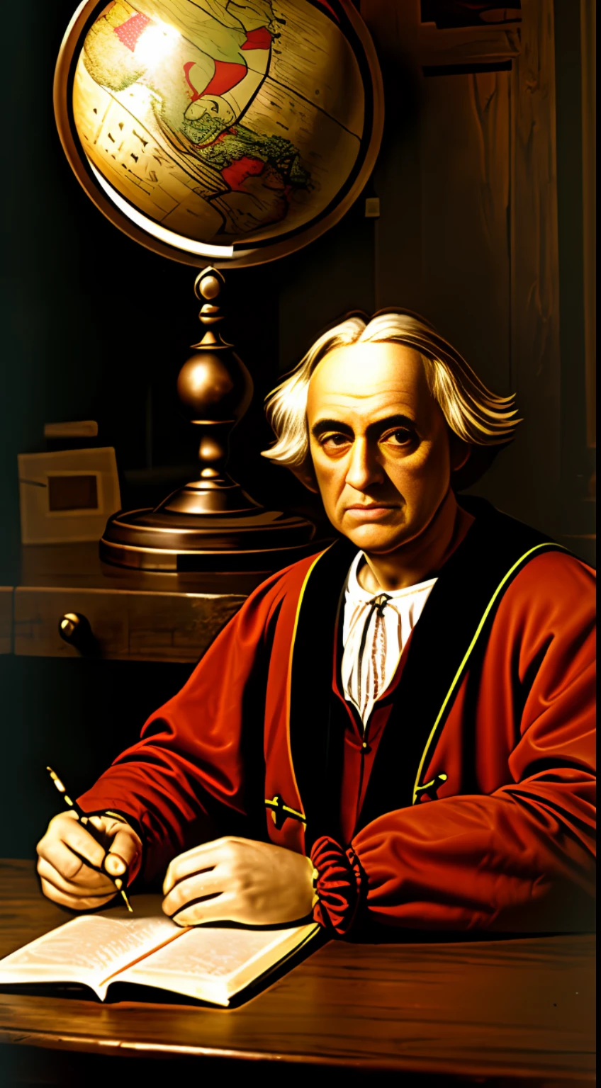 Christopher Columbus in explorer attire, seated at a wooden table, studying a detailed, antique-style globe with focused expression, candlelight casting warm glow, photorealistic style