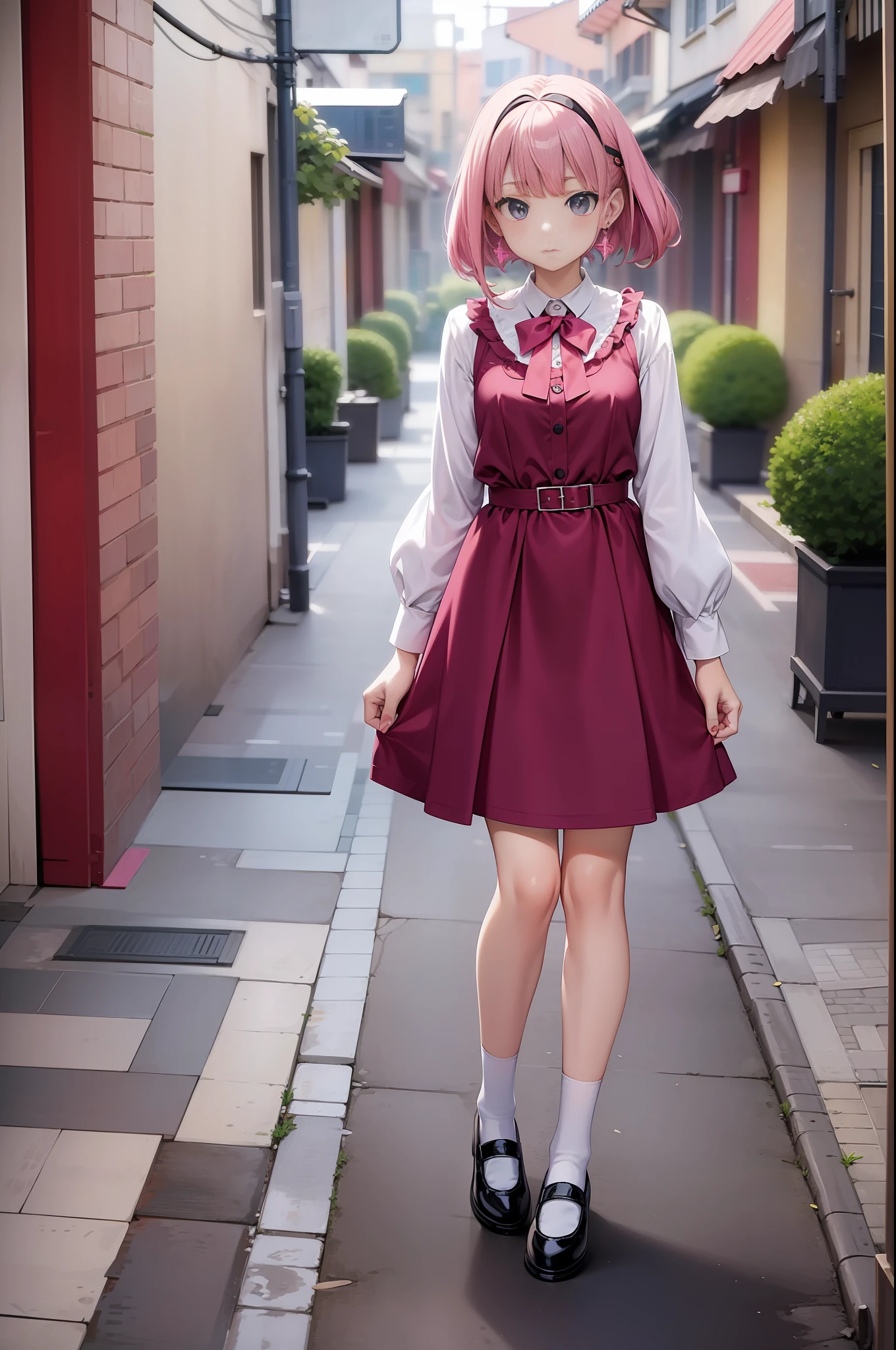 ((anime style)),masterpiece,flat color, best quality, no-show socks, flat shoes, earrings, Peter Pan collar,Magenta outfit, Pink hair, straight bangs, beautiful hair.