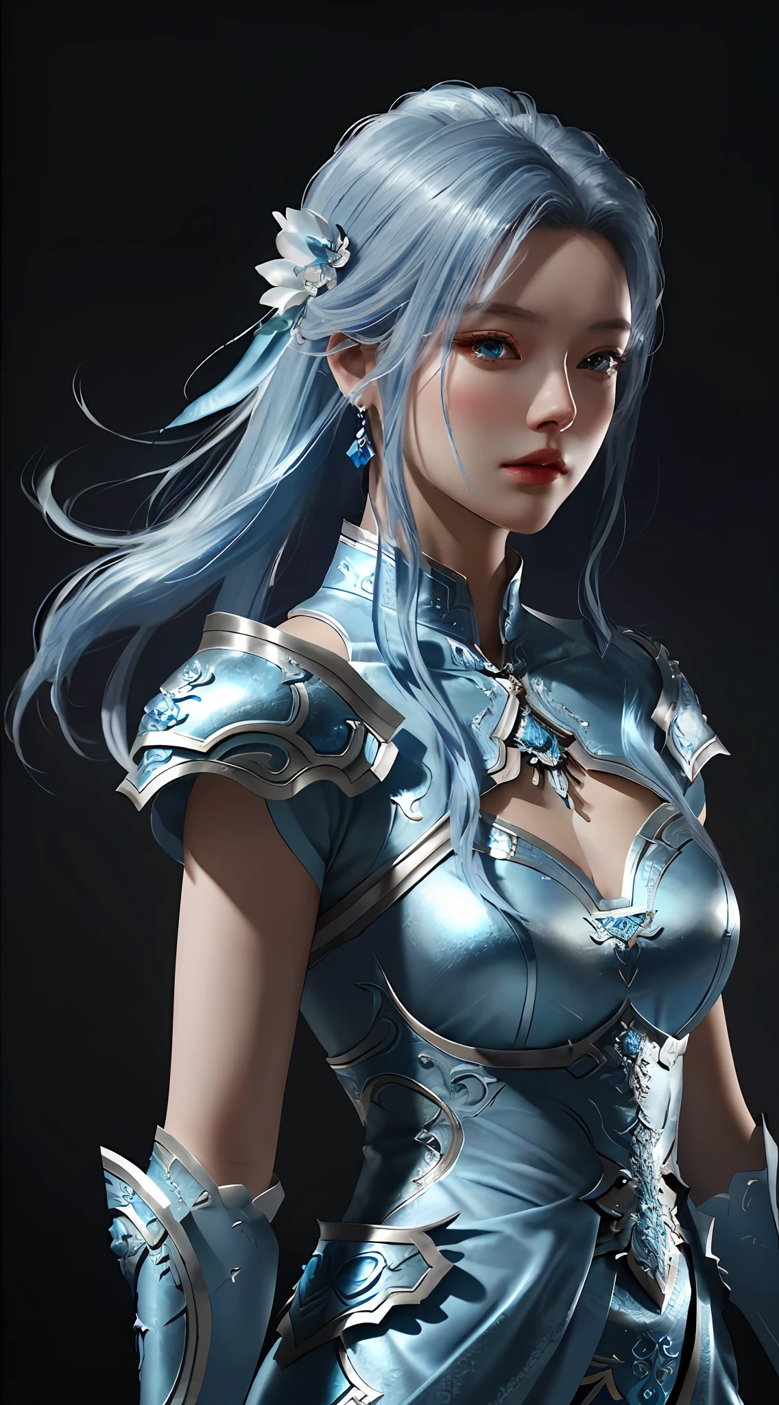 a close up of a woman in a silver and blue dress, chengwei pan on artstation, by Yang J, detailed fantasy art, stunning character art, fanart best artstation, epic exquisite character art, beautiful armor, extremely detailed artgerm, detailed digital anime art, artgerm on artstation pixiv, armor girl
