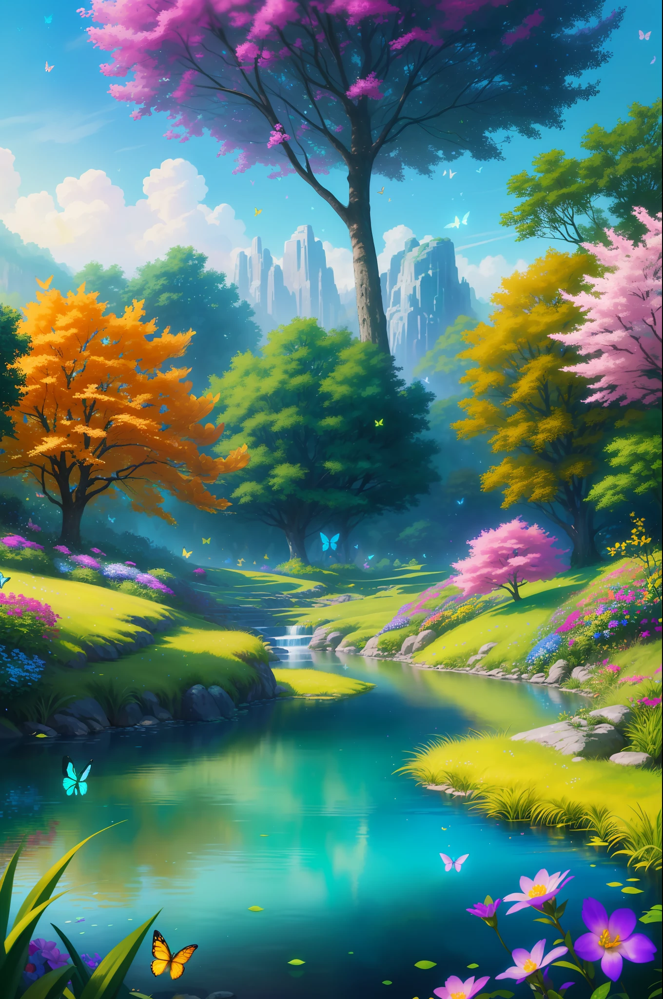 masterpiece, best quality, high quality, extremely detailed cg unity 8k wallpaper, )an extremely colorful and purely fantasy environment with vibrant hues and a bright sky), landscape of bright green grass, colorful trees, glittering fruits, and bright blue flowers, (the streams are a deep shade of blue green), and the air is filled with sweet exotic scents, (the environment appears to be taken out of a dream), with luminescent butterflies and giant colorful birds flying around, award winning photography, bokeh, depth of field, hdr, bloom, chromatic aberration, photorealistic:1.3, extremely detailed, trending on artstation, trending on cgsociety, intricate, high detail, dramatic, art by midjourney,