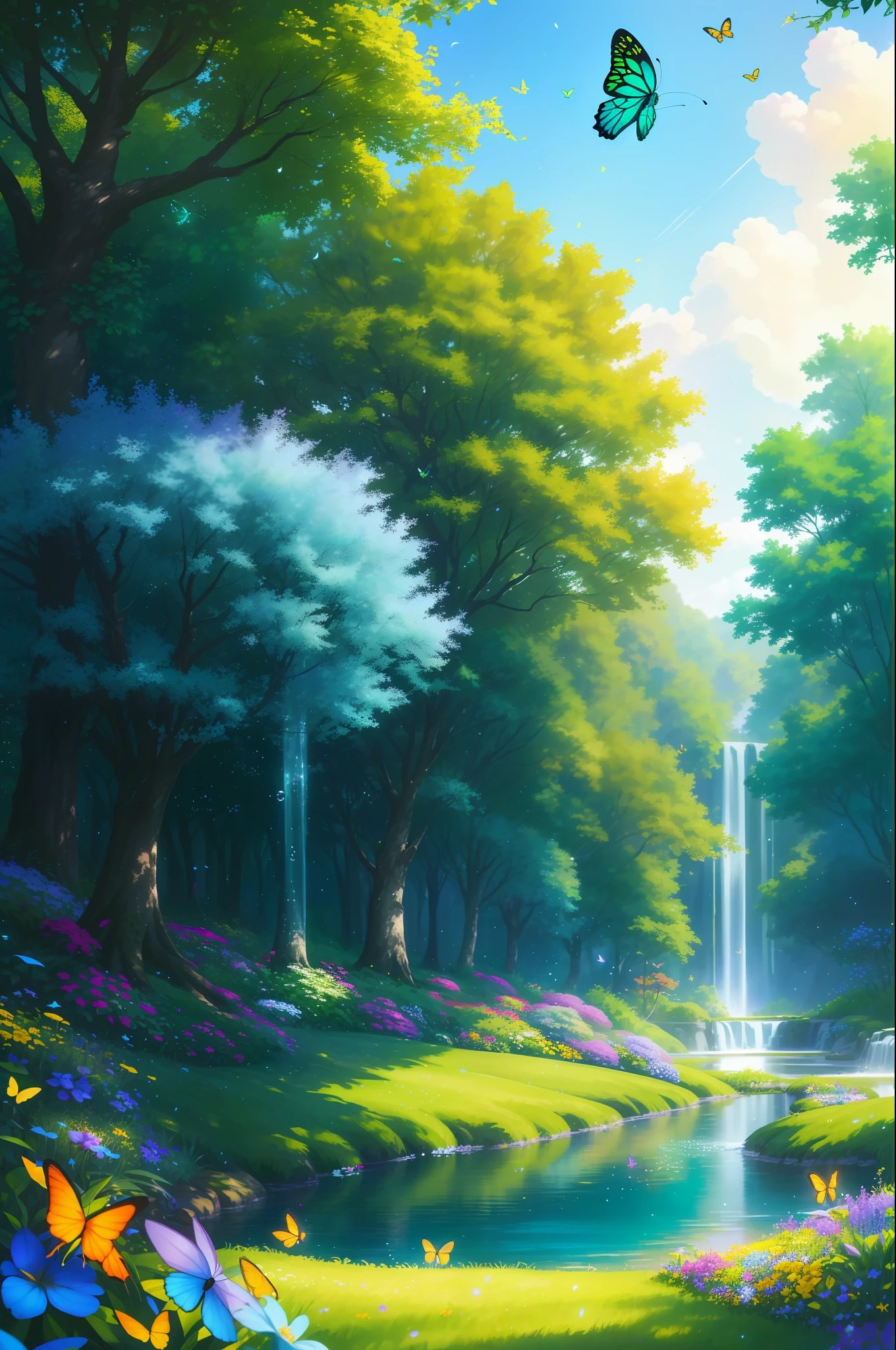 masterpiece, best quality, high quality, extremely detailed cg unity 8k wallpaper, )an extremely colorful and purely fantasy environment with vibrant hues and a bright sky), landscape of bright green grass, colorful trees, glittering fruits, and bright blue flowers, (the streams are a deep shade of blue green), and the air is filled with sweet exotic scents, (the environment appears to be taken out of a dream), with luminescent butterflies and giant colorful birds flying around, award winning photography, bokeh, depth of field, hdr, bloom, chromatic aberration, photorealistic:1.3, extremely detailed, trending on artstation, trending on cgsociety, intricate, high detail, dramatic, art by midjourney,