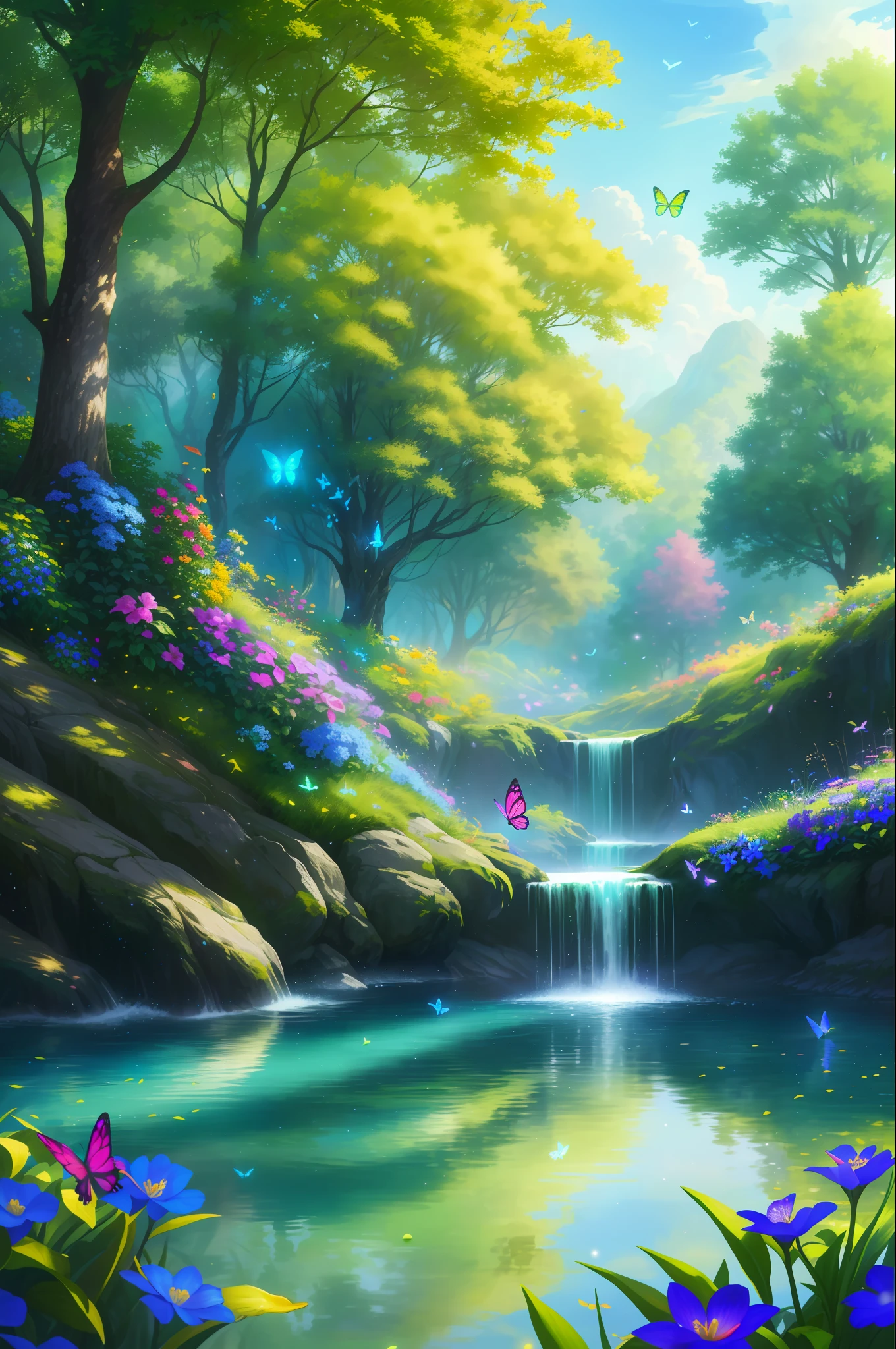 masterpiece, best quality, high quality, extremely detailed cg unity 8k wallpaper, )an extremely colorful and purely fantasy environment with vibrant hues and a bright sky), landscape of bright green grass, colorful trees, glittering fruits, and bright blue flowers, (the streams are a deep shade of blue green), and the air is filled with sweet exotic scents, (the environment appears to be taken out of a dream), with luminescent butterflies and giant colorful birds flying around, award winning photography, bokeh, depth of field, hdr, bloom, chromatic aberration, photorealistic:1.3, extremely detailed, trending on artstation, trending on cgsociety, intricate, high detail, dramatic, art by midjourney,