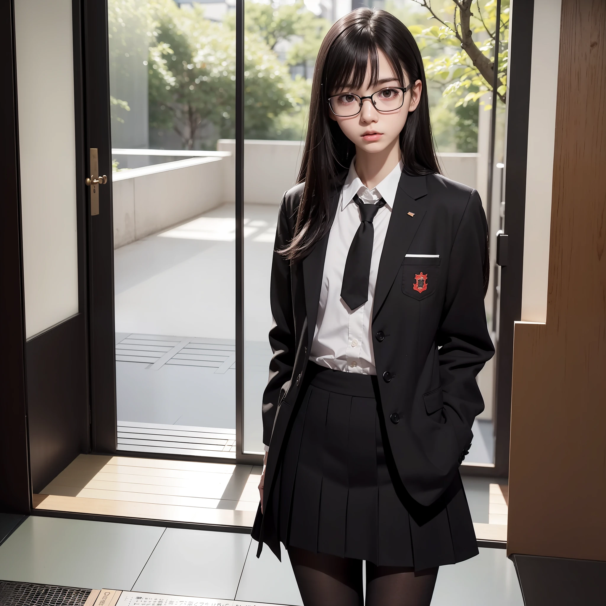 Raw photo, frank, textured skin, 1 girl,full body, (medium hair:1.2), pale skin, Japan person, glasses, small, young, tall, dark look, bright black eyes, anger, school uniform, slender body, medium build, small waist, wide thighs, photorealistic, best quality, 8K, masterpiece, black pantyhose