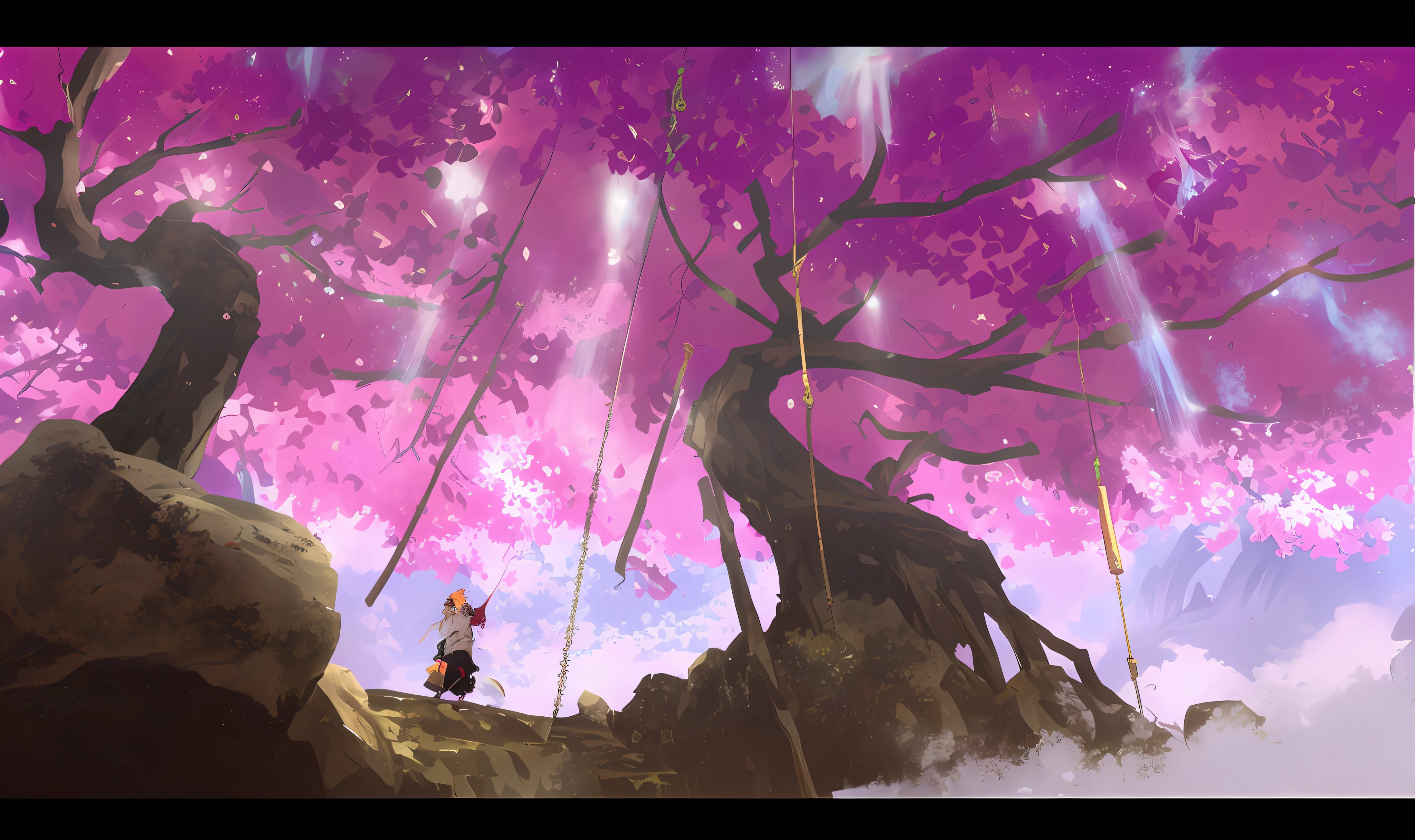 anime scene of a man on a swing in a tree, anime scenery concept art, stunning! concept art, concept art scene, award-winning concept art, onmyoji detailed art, dramatic lighting. concept art, colorful concept art, beautiful concept art, painterly concept art, traditional japanese concept art, stylized concept art, concept art, concept art