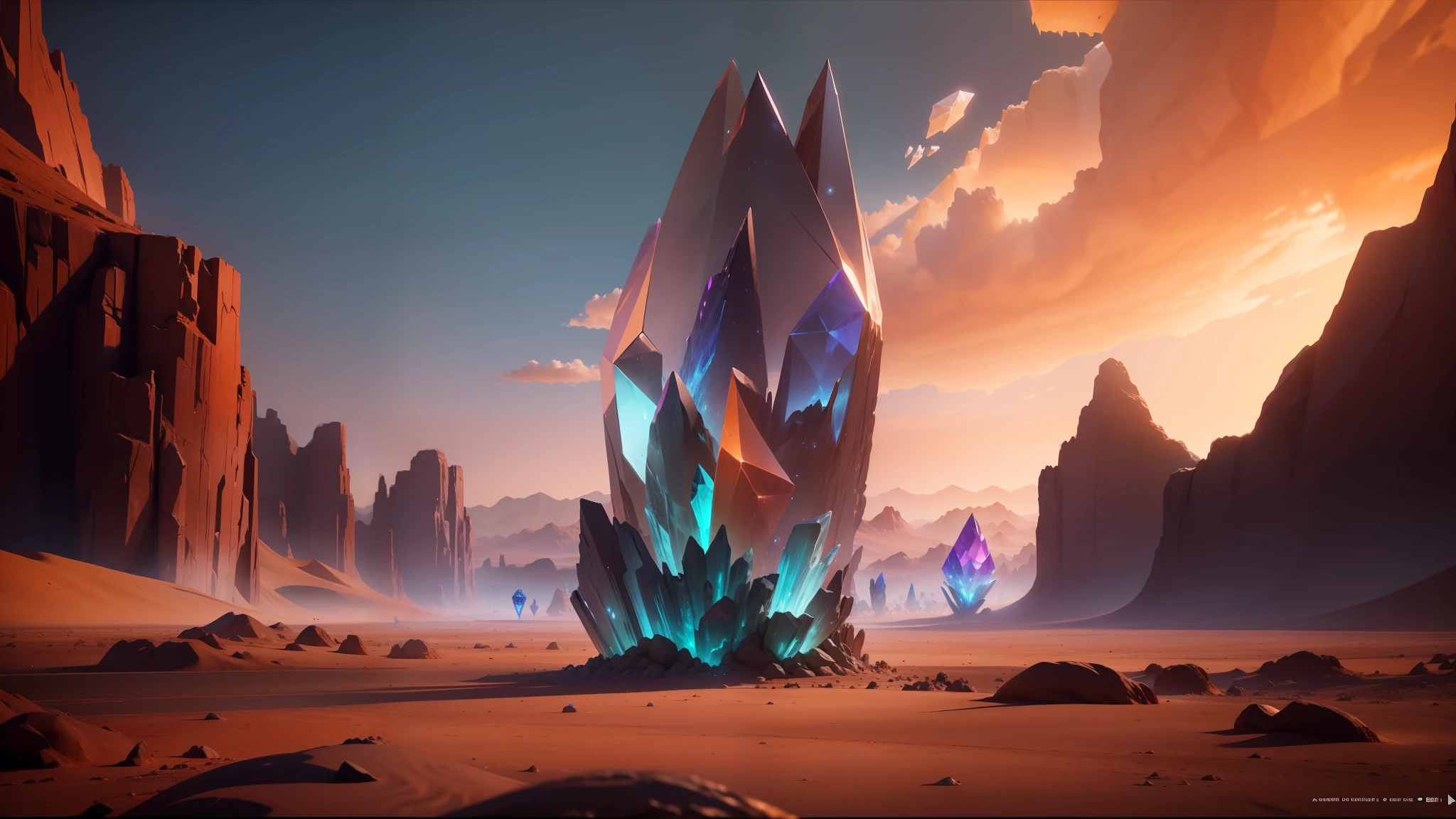 there is a very large crystal in the middle of a desert, unreal engine : : rave makeup, sifi, colorful crystals, keyframe, phantom dust gameplay screenshot, concept image, still from a music video, celestial gardens, videogame screenshot