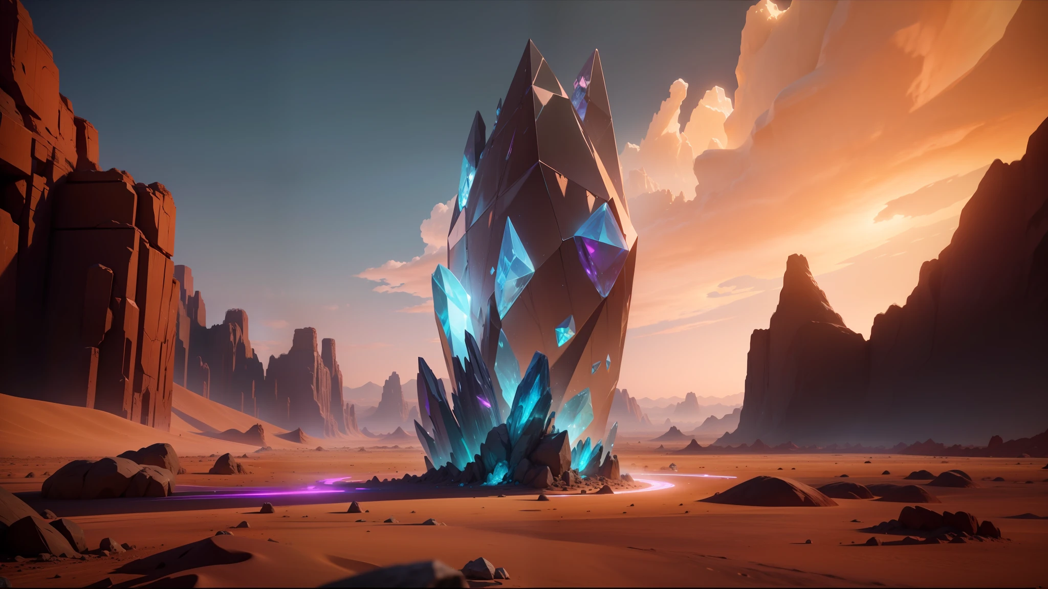 there is a very large crystal in the middle of a desert, unreal engine : : rave makeup, sifi, colorful crystals, keyframe, phantom dust gameplay screenshot, concept image, still from a music video, celestial gardens, videogame screenshot