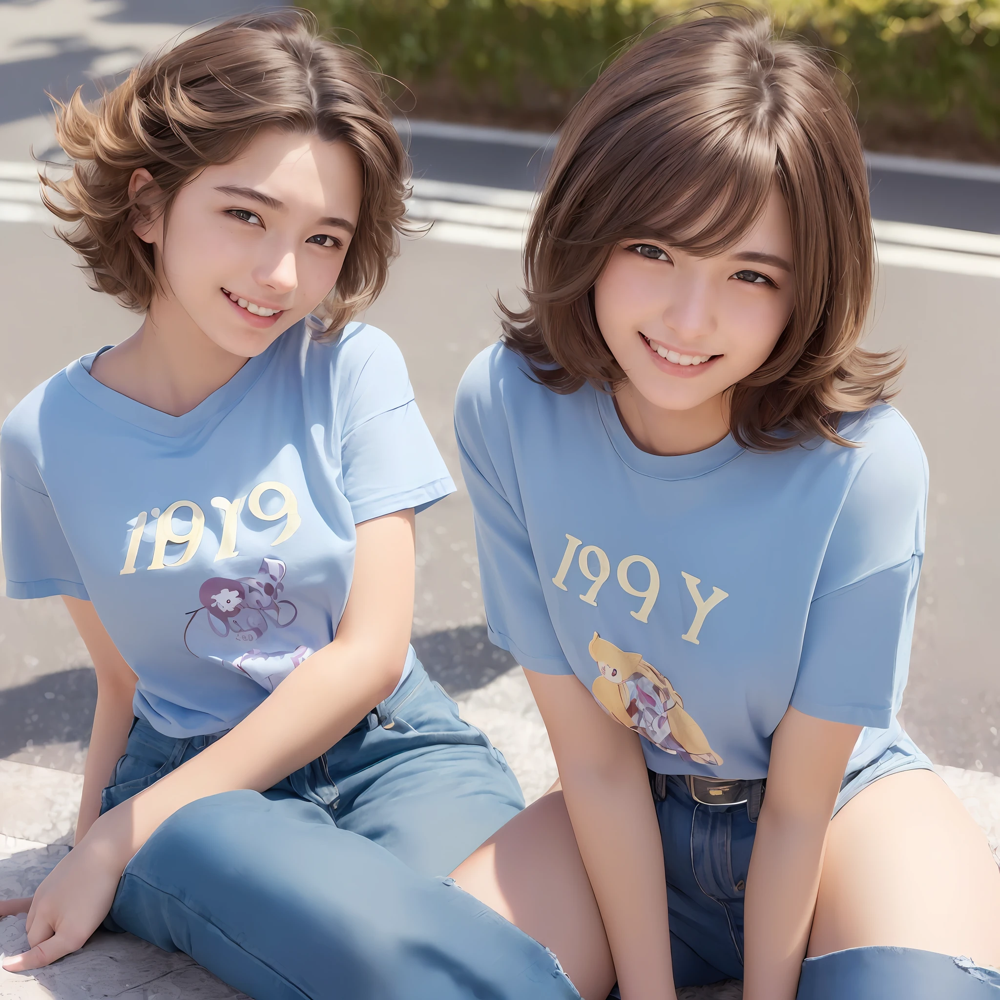 ((Busy Tokyo Street: 1.2)), (RAW photos, highest quality), (Realistic, Photorealistic: 1.3), Masterpiece, Very delicate and beautiful, Highly Detailed CG, Unity, 2k wallpaper, amazing, fine detail, light smile, Highly detailed CG Unity 8k wallpaper, huge file size, super detail, high resolution, absurdity, soft light, (((Medium hair: 1.1), (( Platinum Brown Straight Hair)), ((Floating Hair Novafrog Style)), light on the face, look at the viewer (((grinning:1.2)), ((2 people)), cute, young, (full body:1.3), realistic face, realistic body, beautiful detailed thighs, , (T-shirt:1.2), (denim:1.2), close-up , portrait , sitting , Close-up detailed image, high stockings, fluffy hair, (((19 years old))),illustration