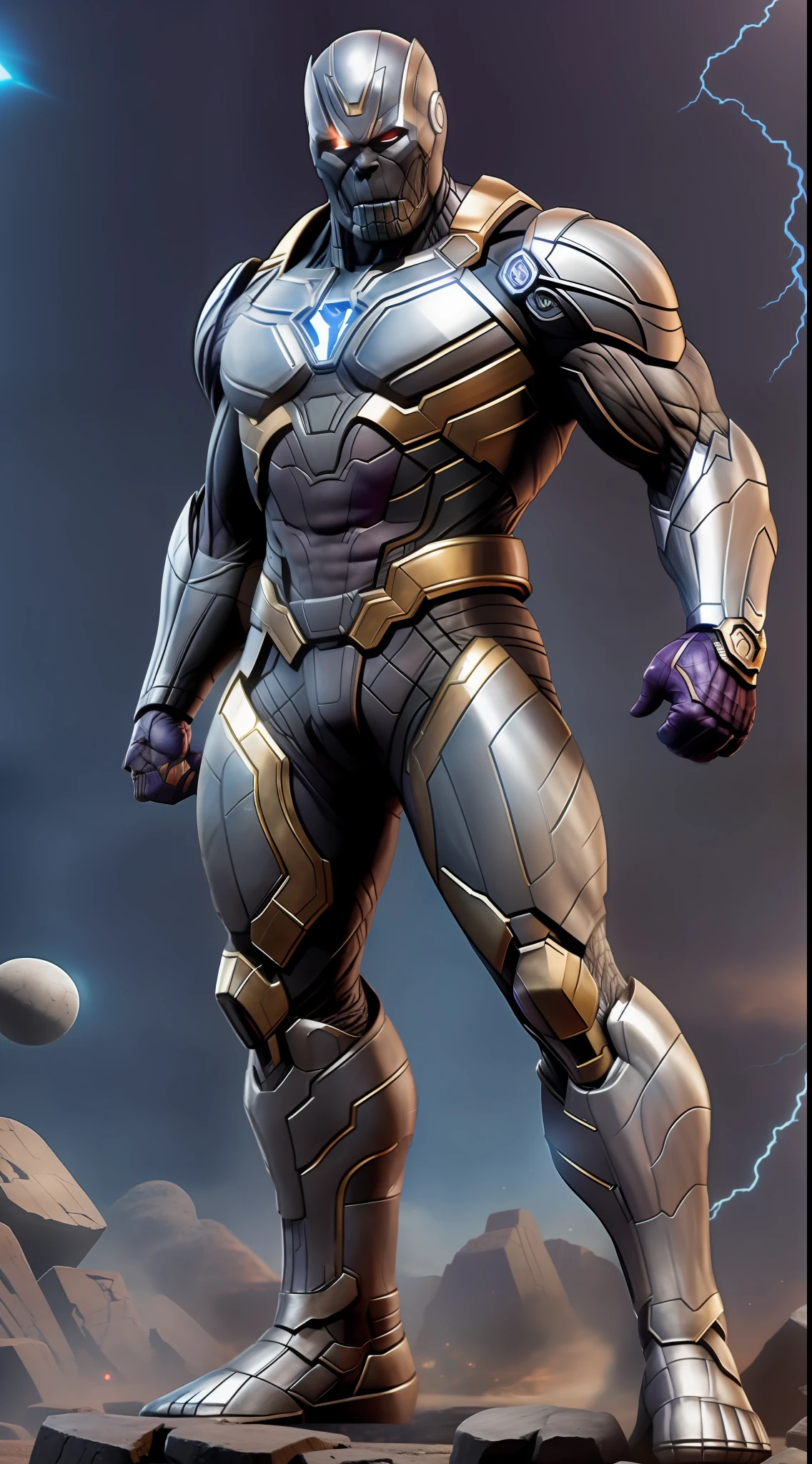 A boy, solo, Thanos, Darkseid, developed muscles, superhero, frontal, full-body, looking at the camera, facing the audience, standing pose, simple background, volumetric light, 8K, HD